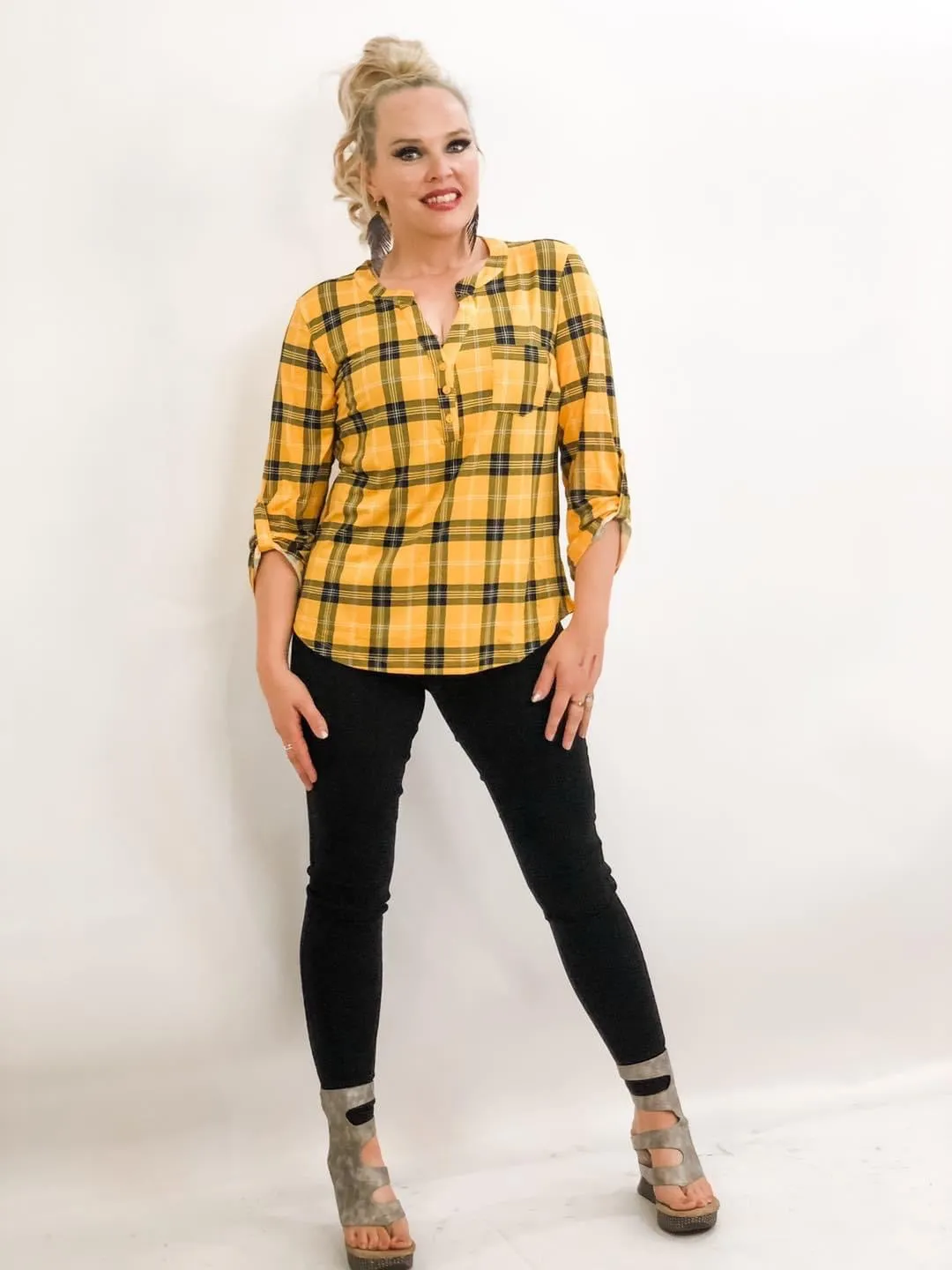 3 Button Plaid Blouse