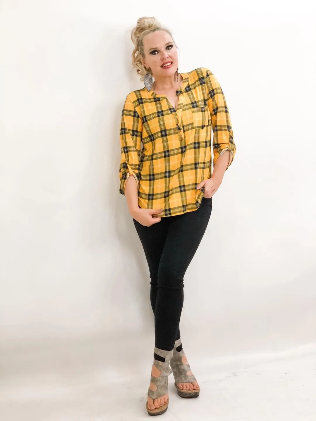 3 Button Plaid Blouse