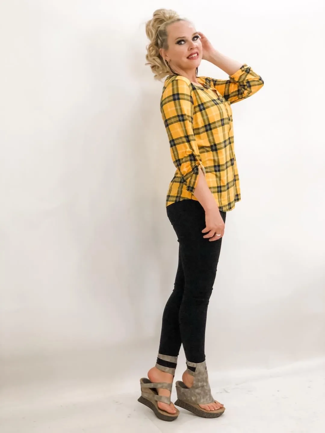 3 Button Plaid Blouse