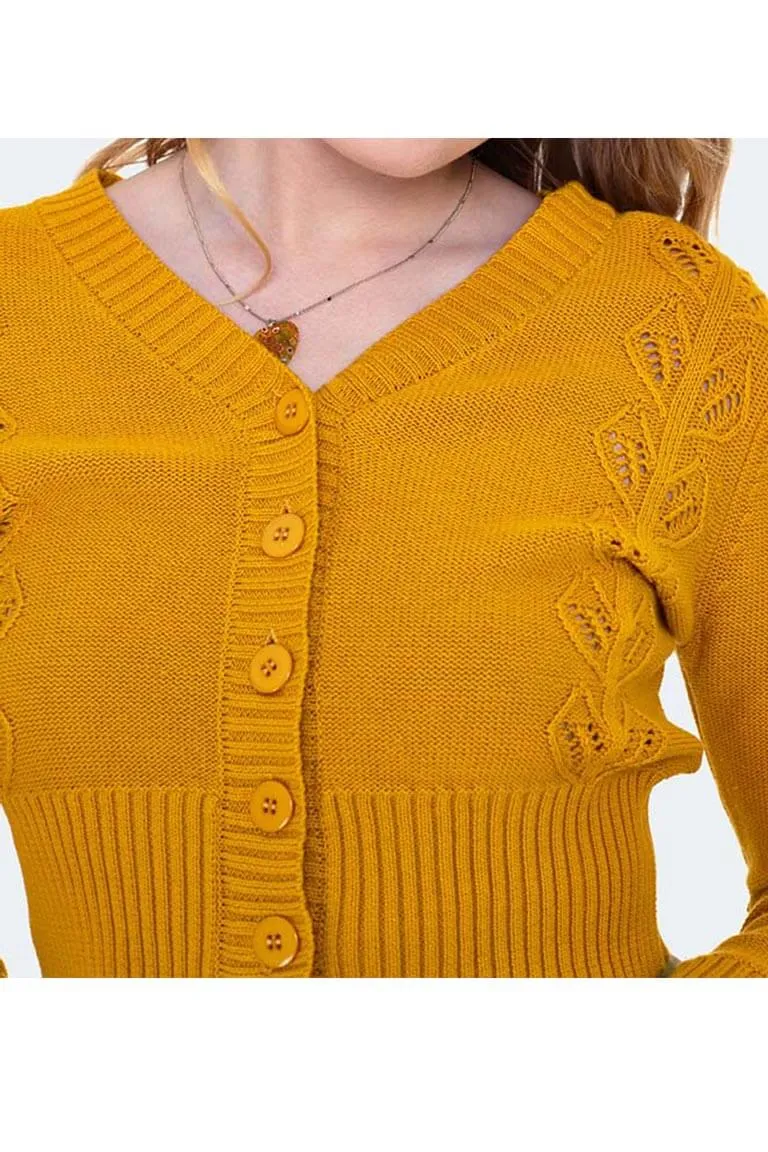 40s Style Cotton Leaf Cardigan In Mustard