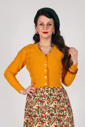 40s Style Cotton Leaf Cardigan In Mustard