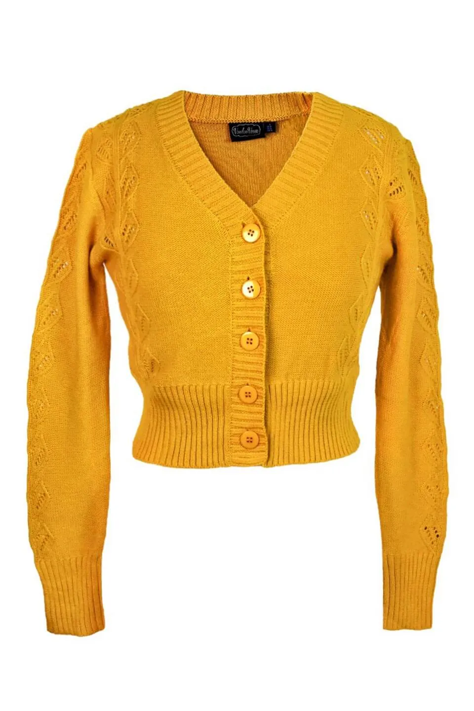 40s Style Cotton Leaf Cardigan In Mustard