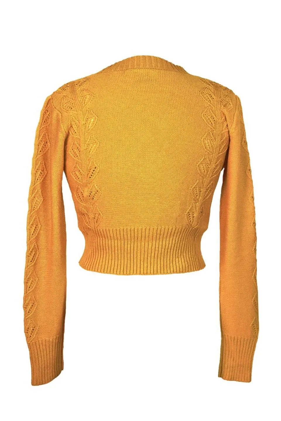 40s Style Cotton Leaf Cardigan In Mustard