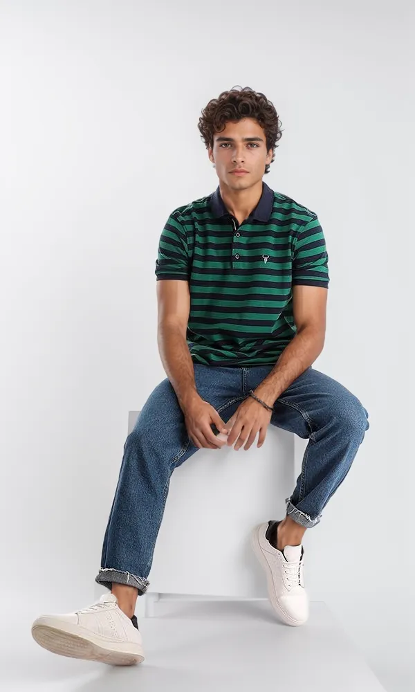 94985 Bi-Tone Striped Pique Navy Blue & Green Polo Shirt