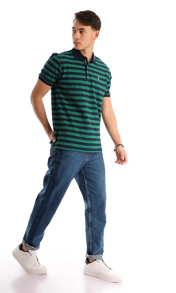 94985 Bi-Tone Striped Pique Navy Blue & Green Polo Shirt