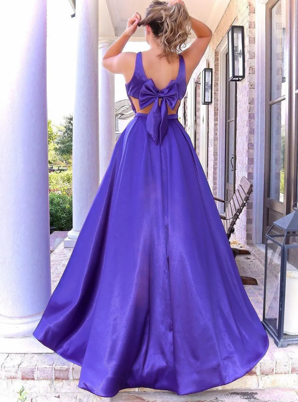 A-line Straps Long Prom Dresses Back Bow Cheap Evening Dress