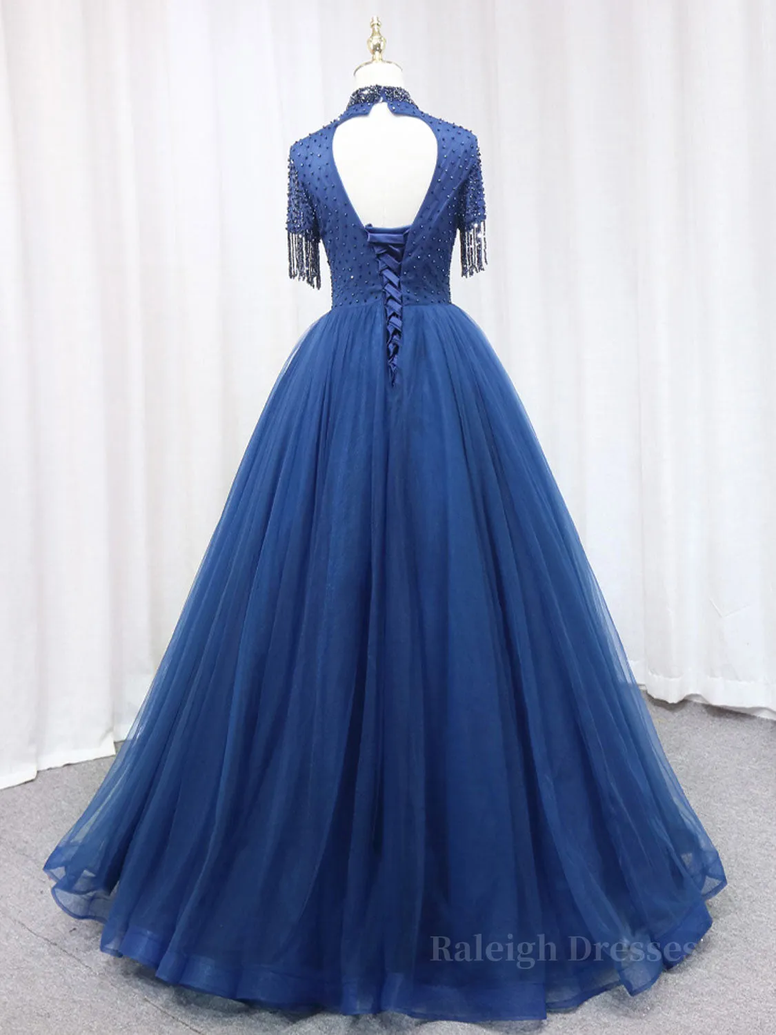 A-Line Tulle Blue Long Prom Dress, Blue Formal Evening Dress with Beading