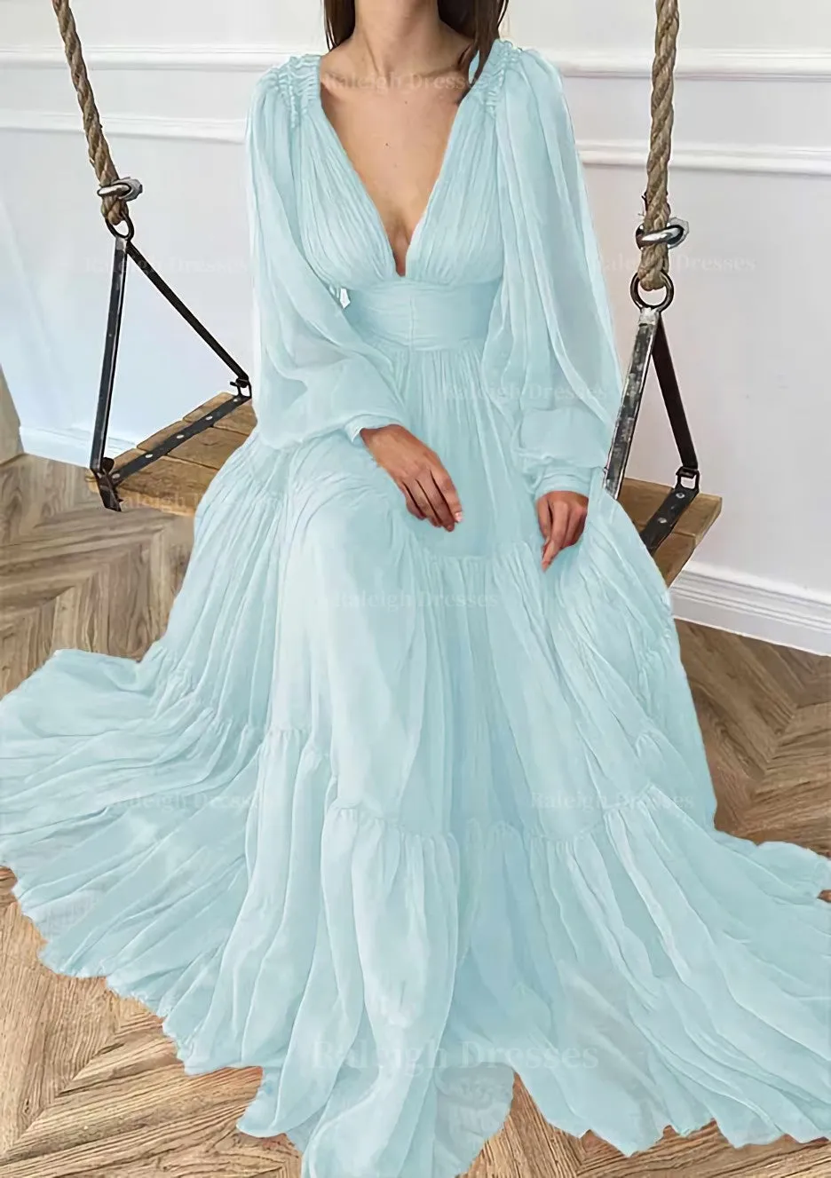 A-line V Neck Full/Long Sleeve Long/Floor-Length Chiffon Prom Dress With Pleated