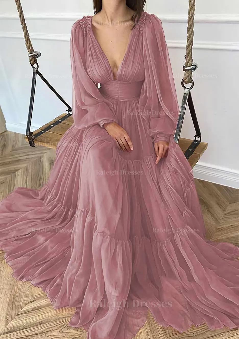 A-line V Neck Full/Long Sleeve Long/Floor-Length Chiffon Prom Dress With Pleated