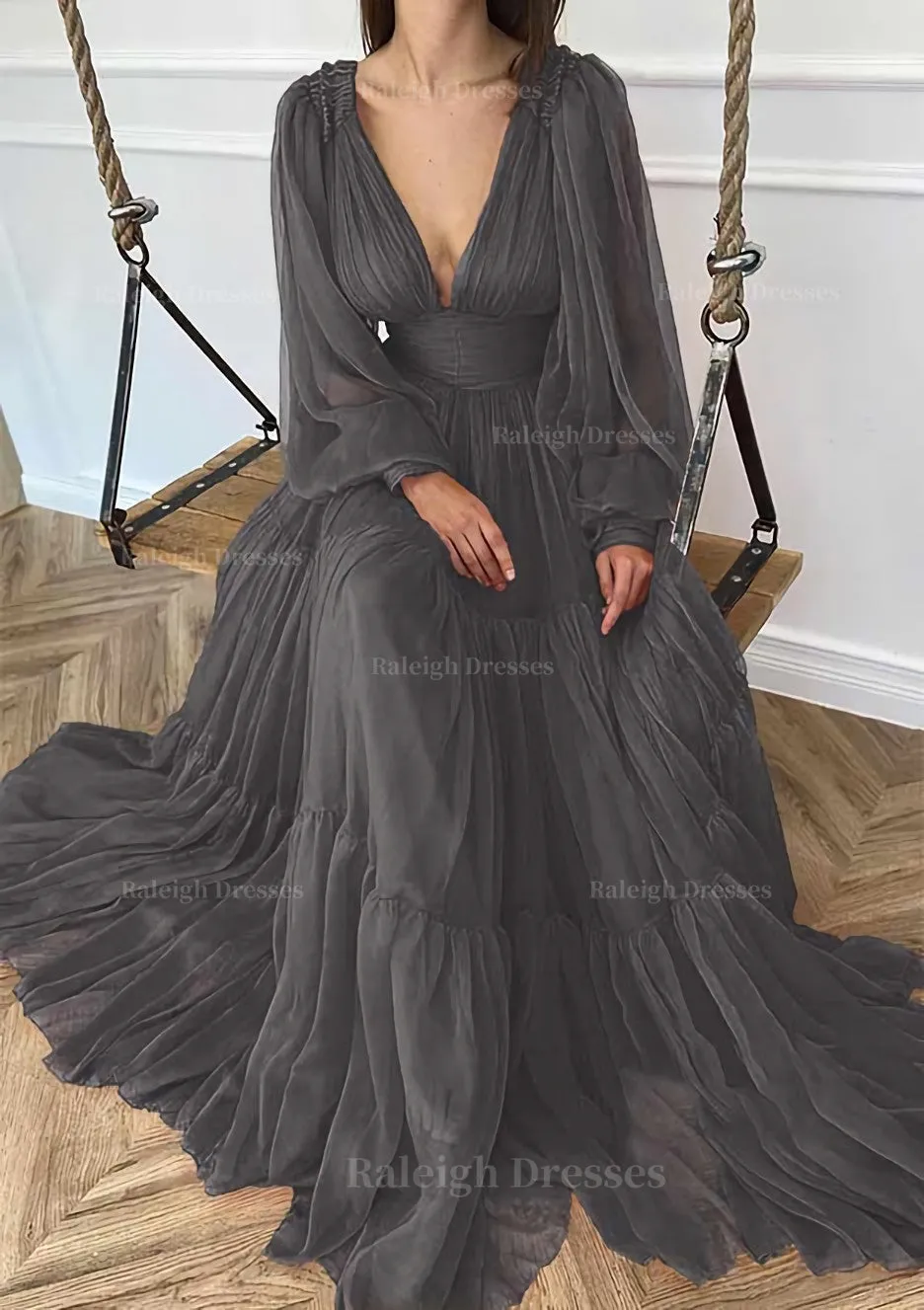 A-line V Neck Full/Long Sleeve Long/Floor-Length Chiffon Prom Dress With Pleated