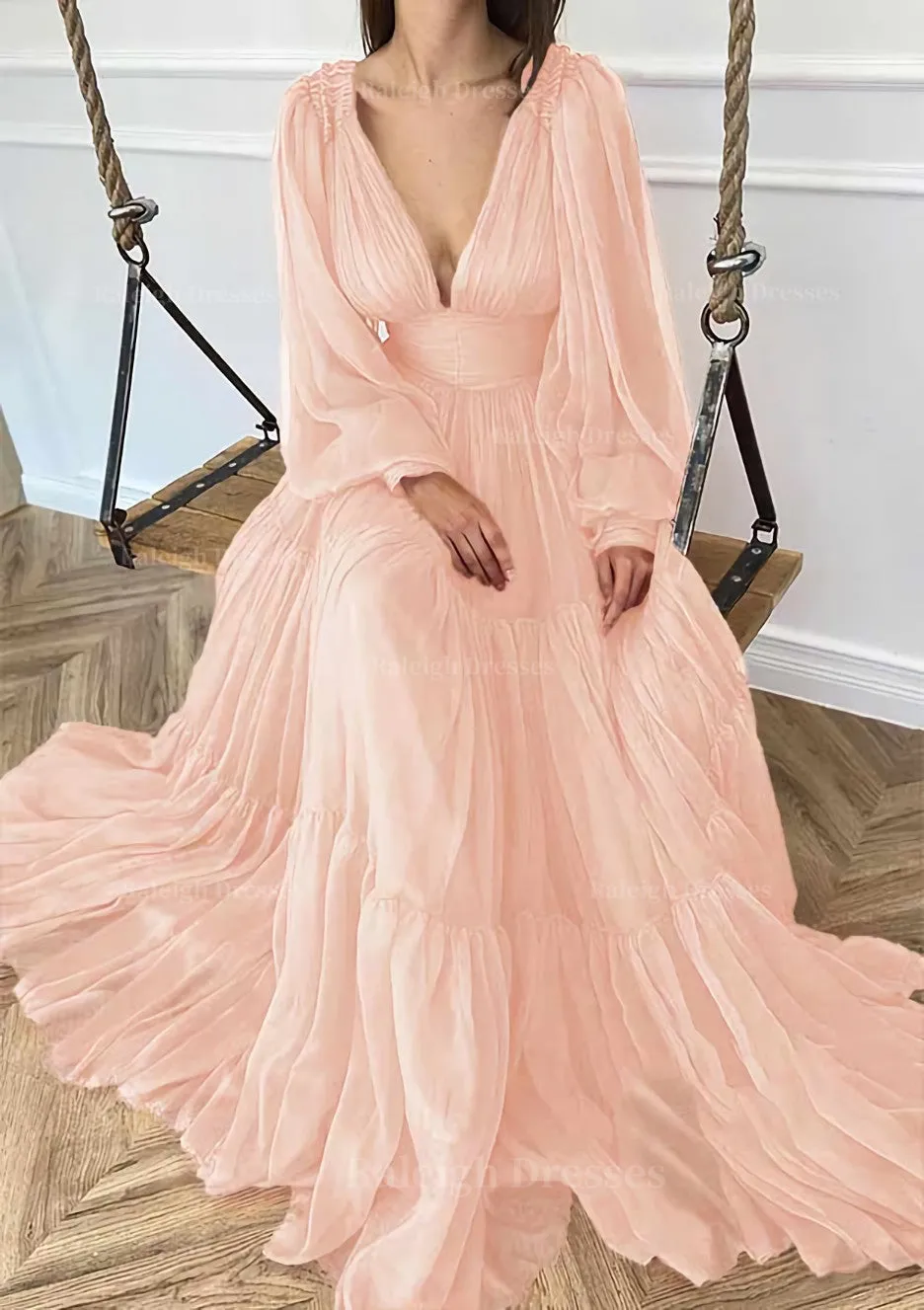 A-line V Neck Full/Long Sleeve Long/Floor-Length Chiffon Prom Dress With Pleated