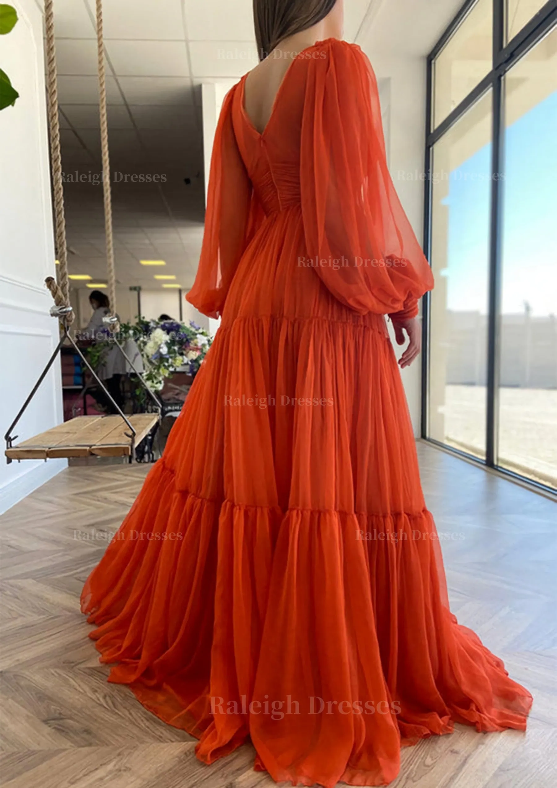 A-line V Neck Full/Long Sleeve Long/Floor-Length Chiffon Prom Dress With Pleated