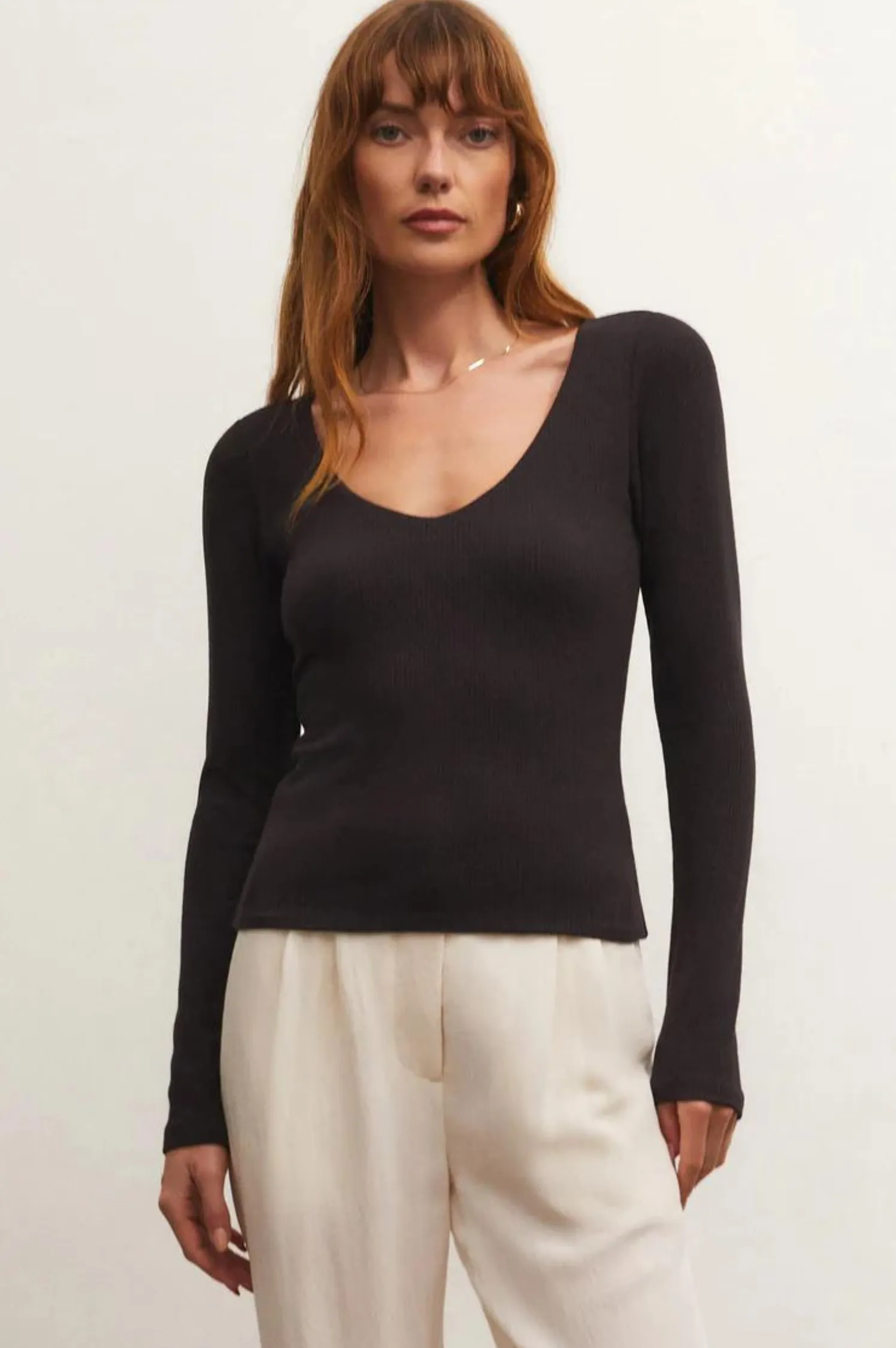 Aden V-Neck Rib Long Sleeve Top