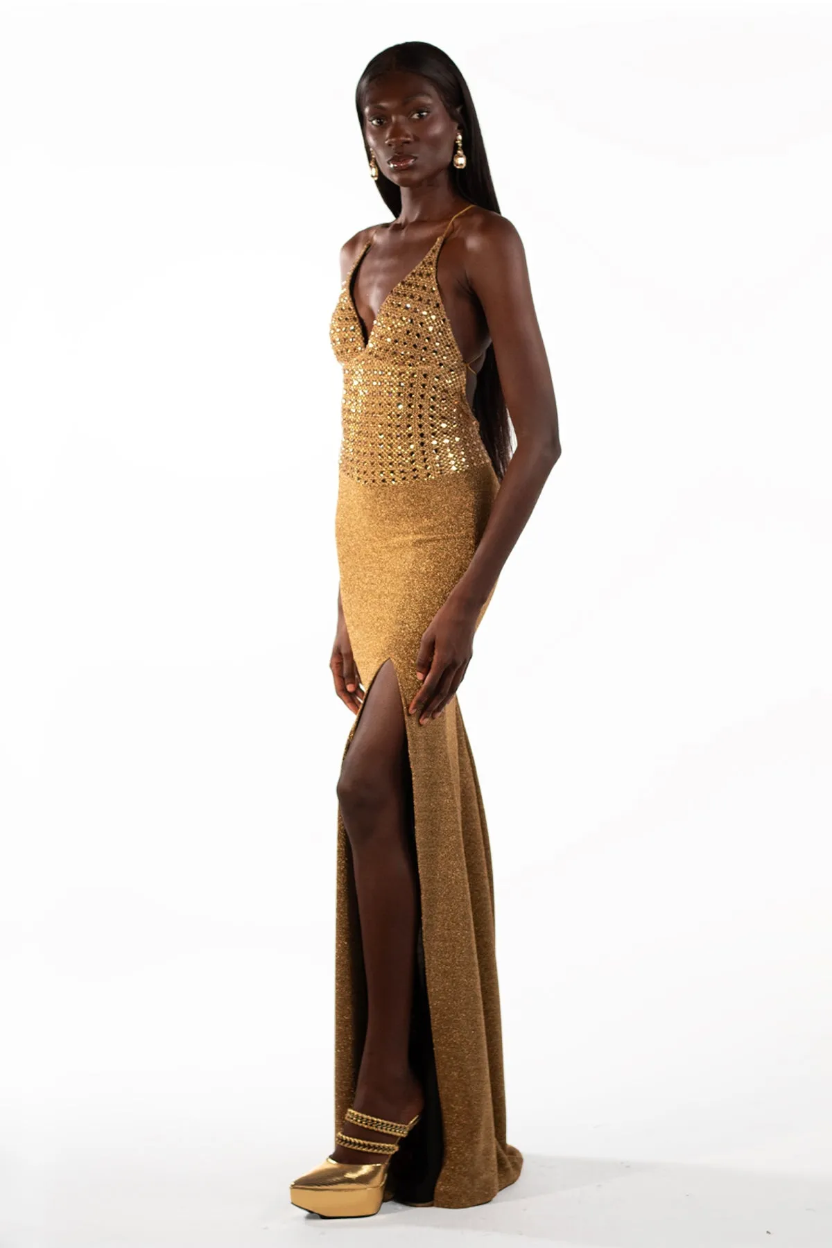 Alison Gold Strappy Maxi Gown