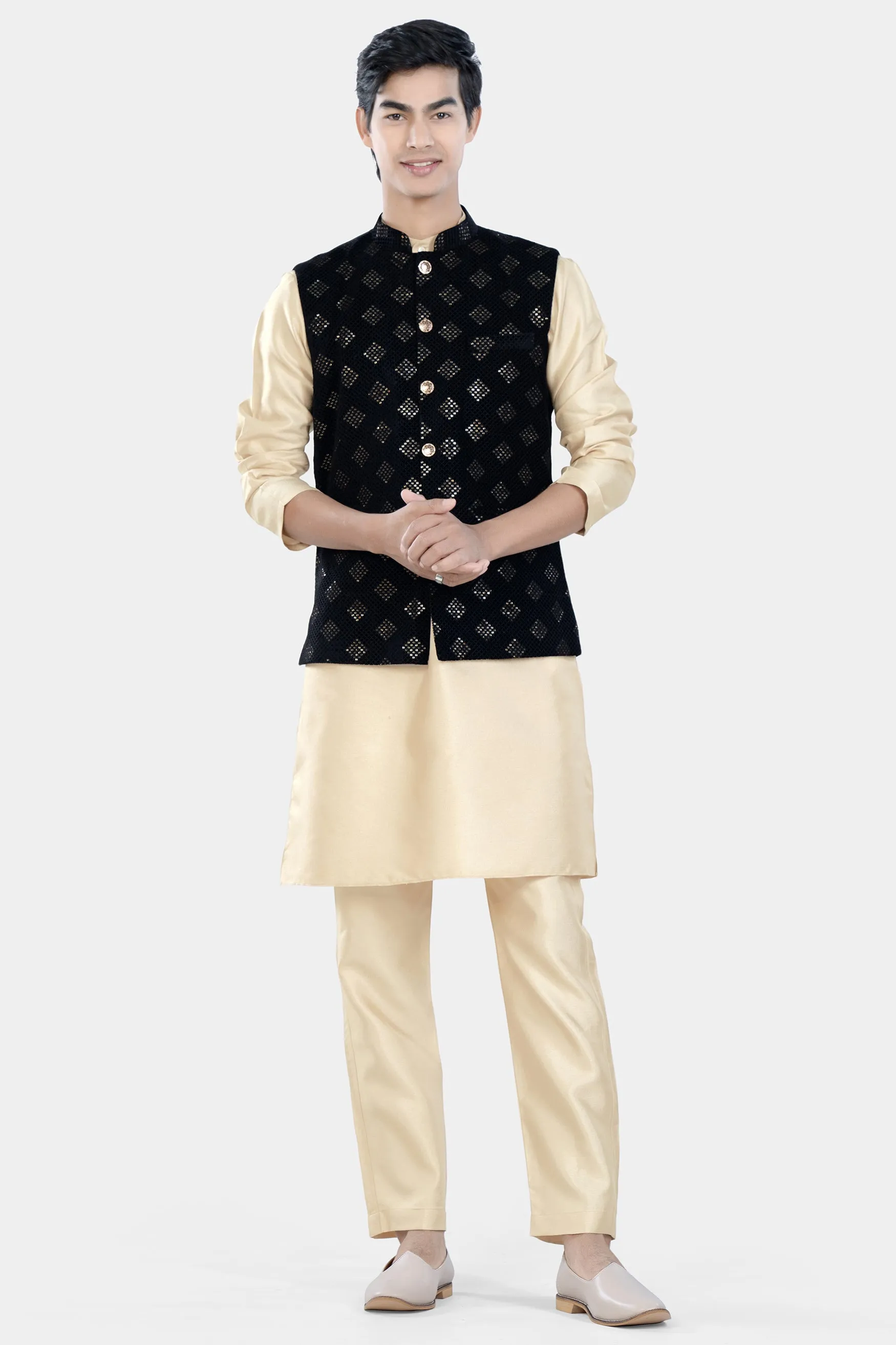 Almond Brown Kurta Set with Jade Black Geometric Sequin and Thread Embroidered Designer Nehru Jacket