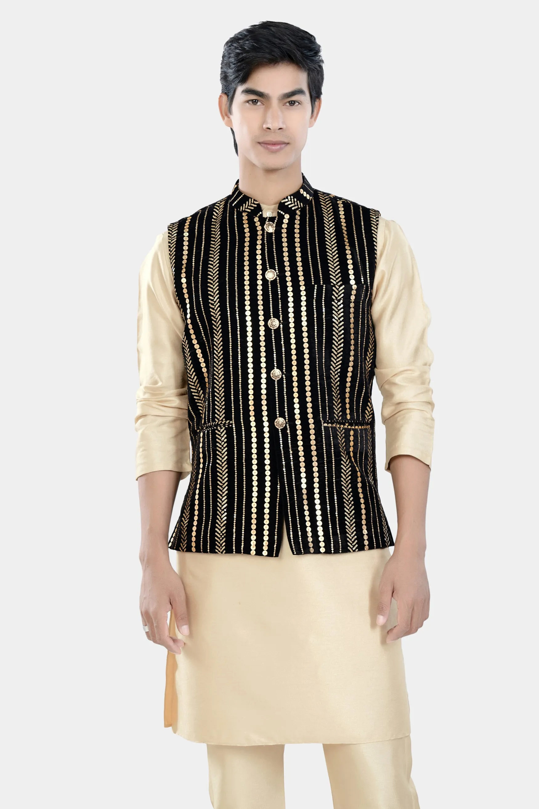 Almond Brown Kurta Set with Jade Black Vertical Sequin Embroidered Designer Nehru Jacket