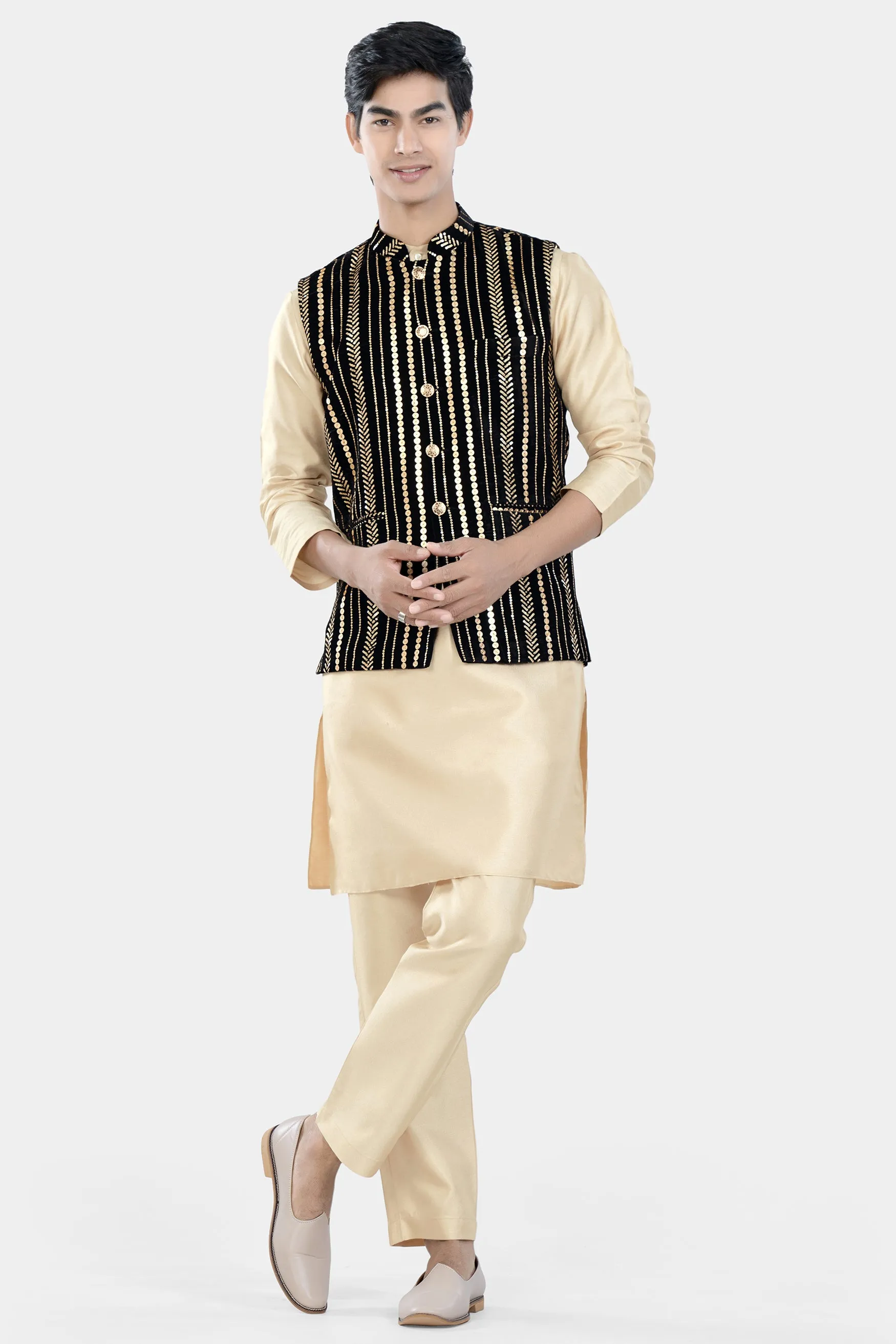 Almond Brown Kurta Set with Jade Black Vertical Sequin Embroidered Designer Nehru Jacket