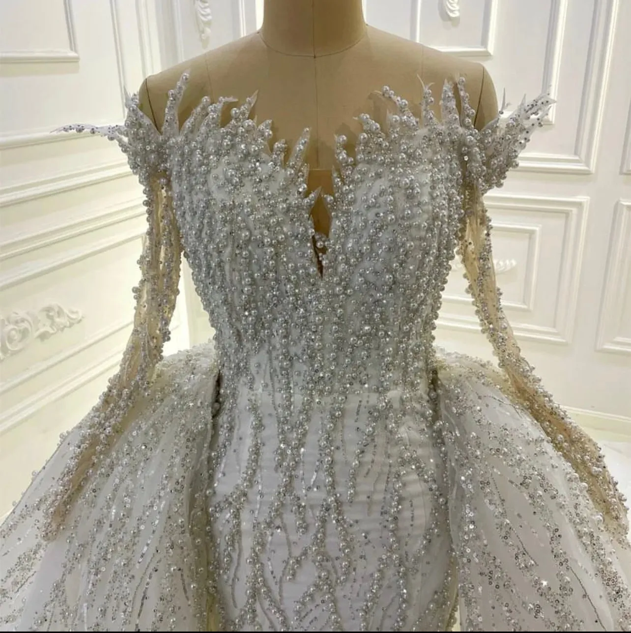 AM1365 Off The Shoulder Long Sleeve V-neck Full Beading Lace 2 in 1 Mermaid Wedding Dress