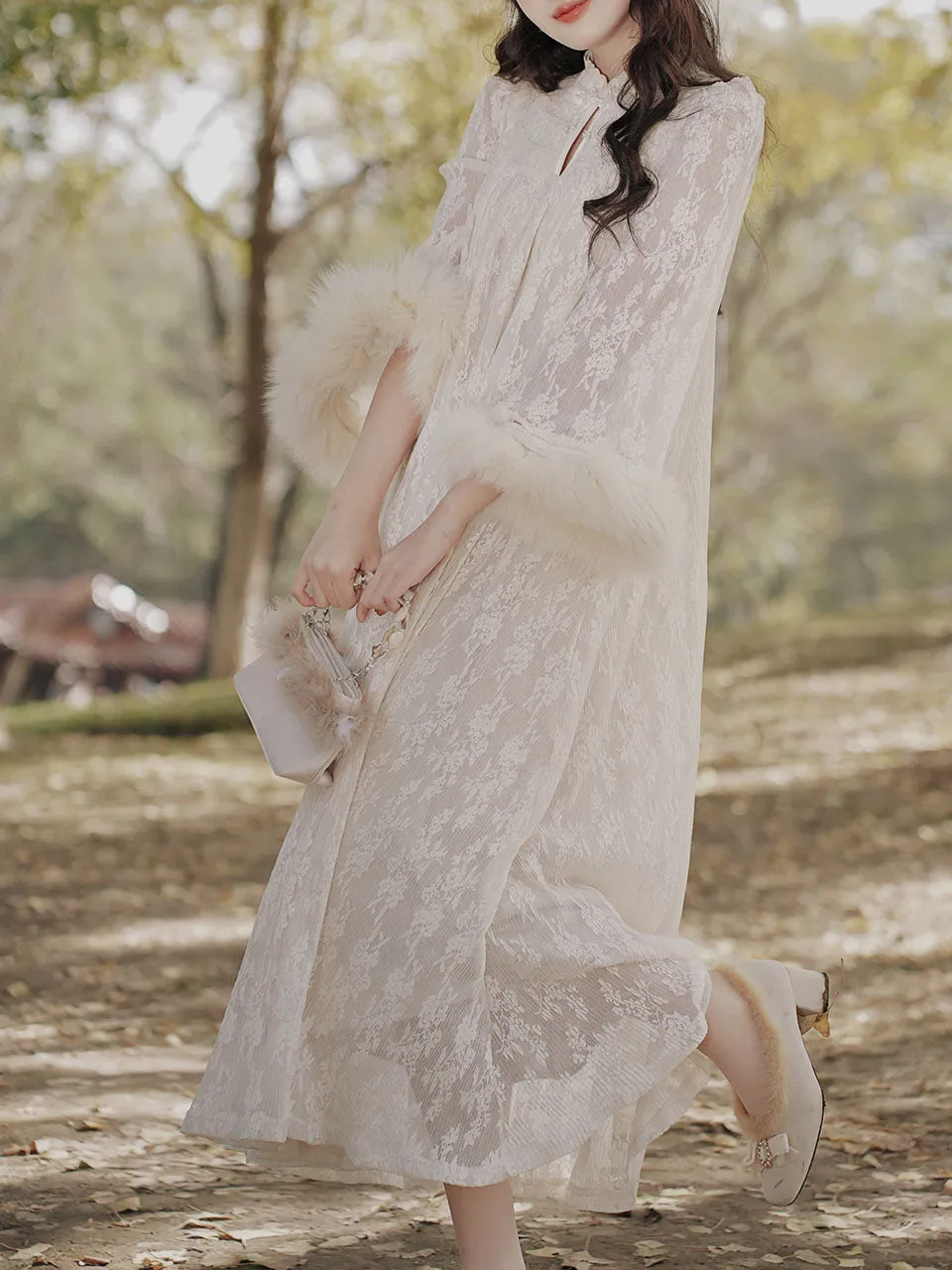 Apricot Lace Fur Sleeve 1950S Vintage Dress With Pearl Belt