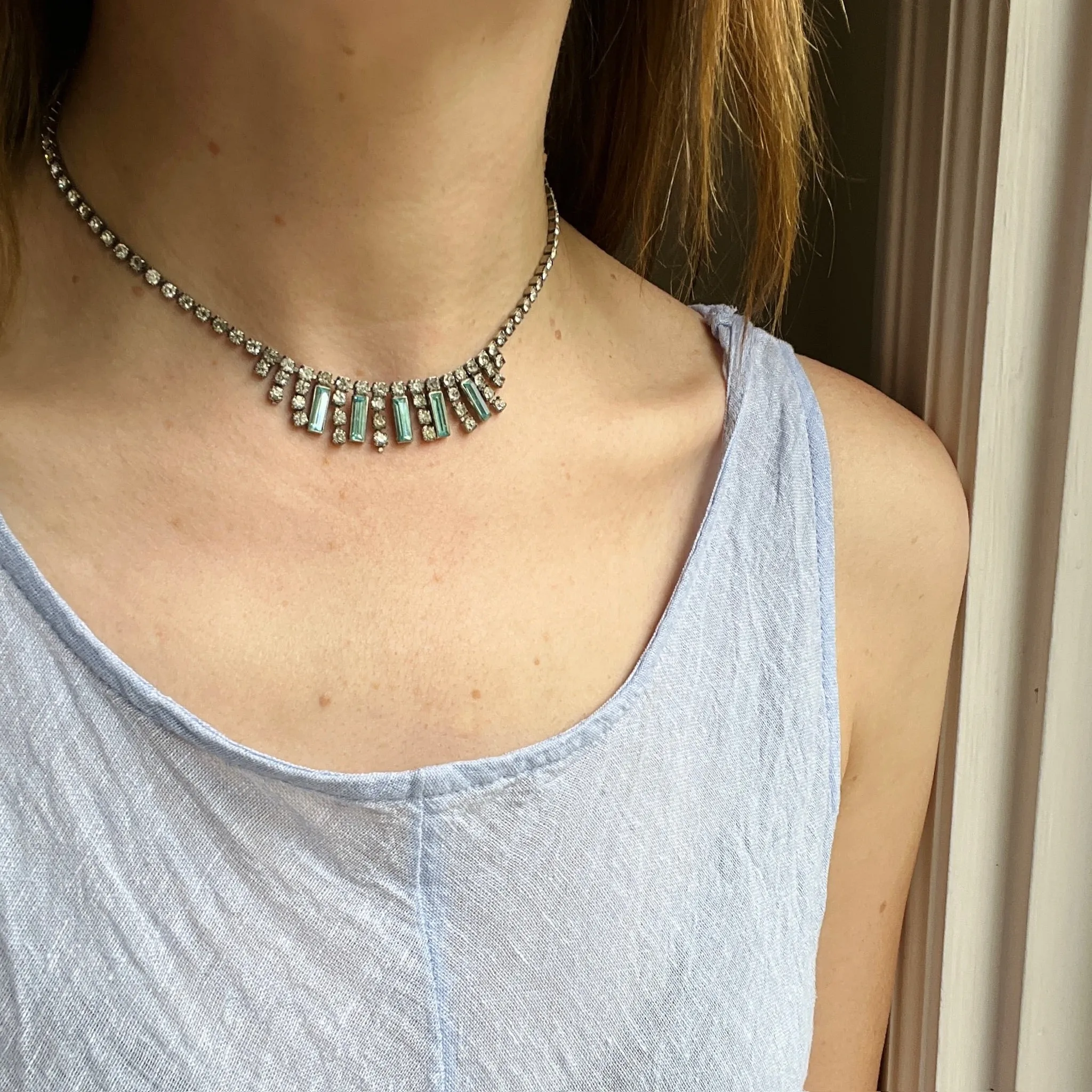 Aqua Baguette & Round White Rhinestone Fringe Necklace