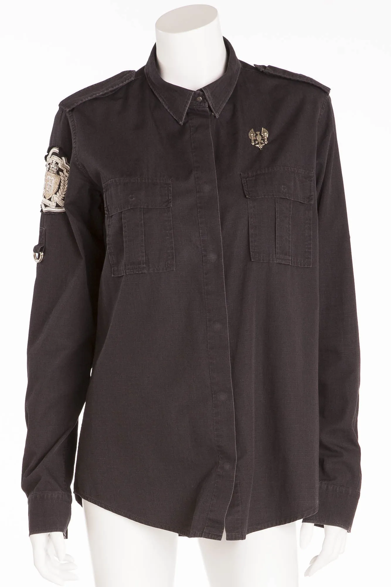 Balmain - Black Long Sleeve Button Down with Embellished Shoulders - FR 40