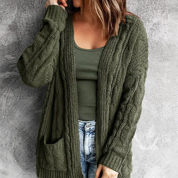 BerriesJam - 2024 Solid Color Pocket Mid-length Twist Knit Cardigan