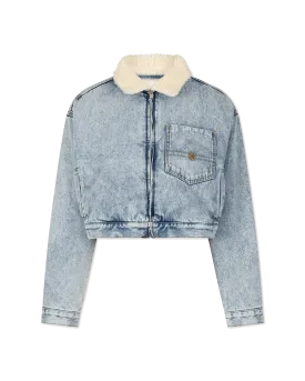 Bi Material Shearling Collar Cropped Denim Jacket