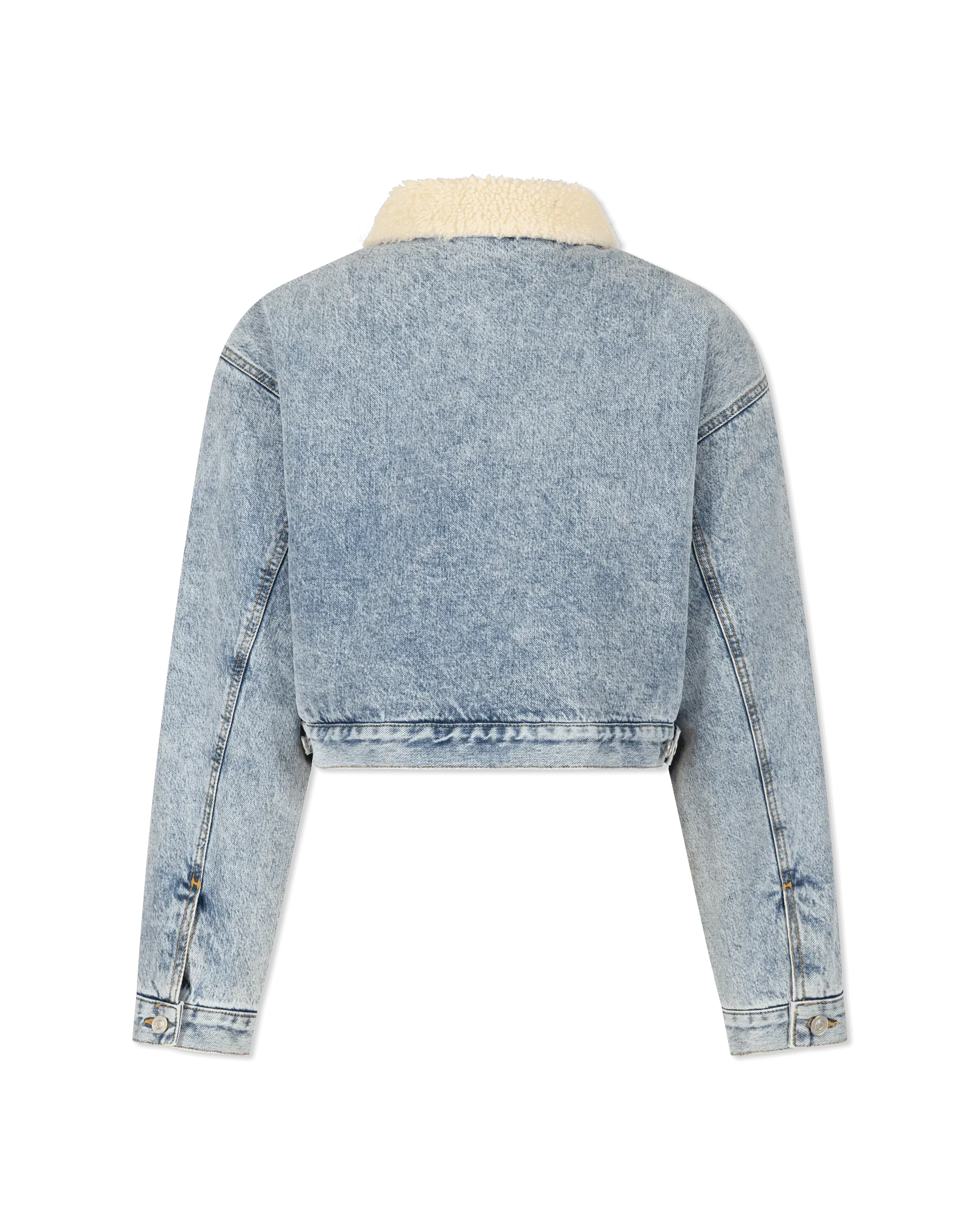 Bi Material Shearling Collar Cropped Denim Jacket