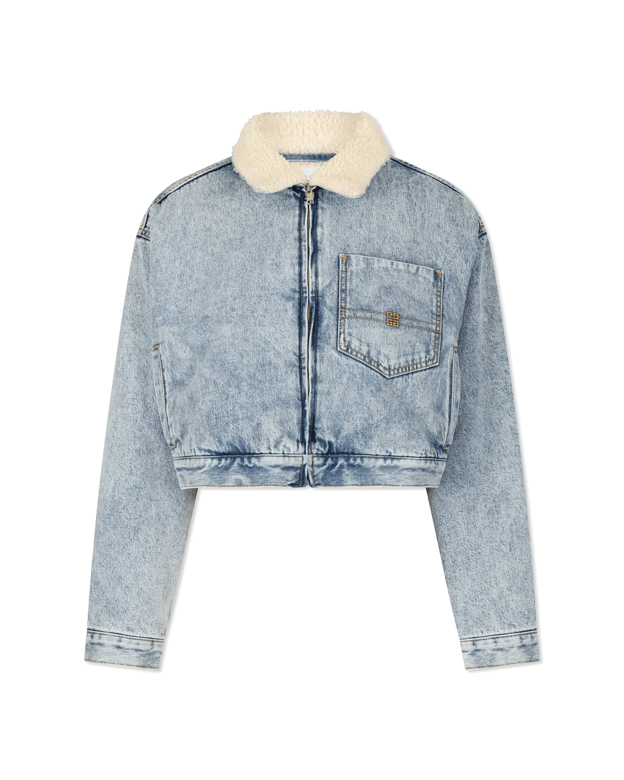 Bi Material Shearling Collar Cropped Denim Jacket