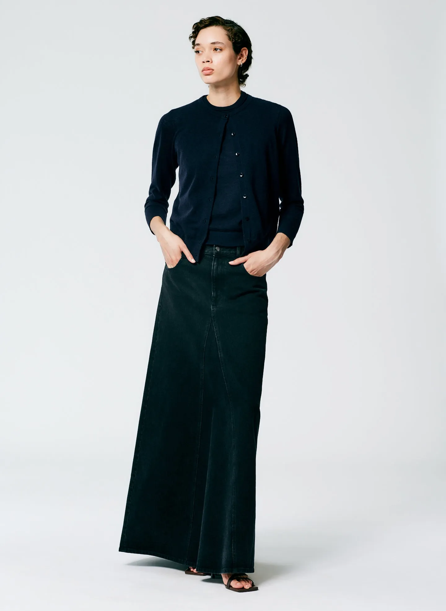 Black Denim Godet Maxi Skirt