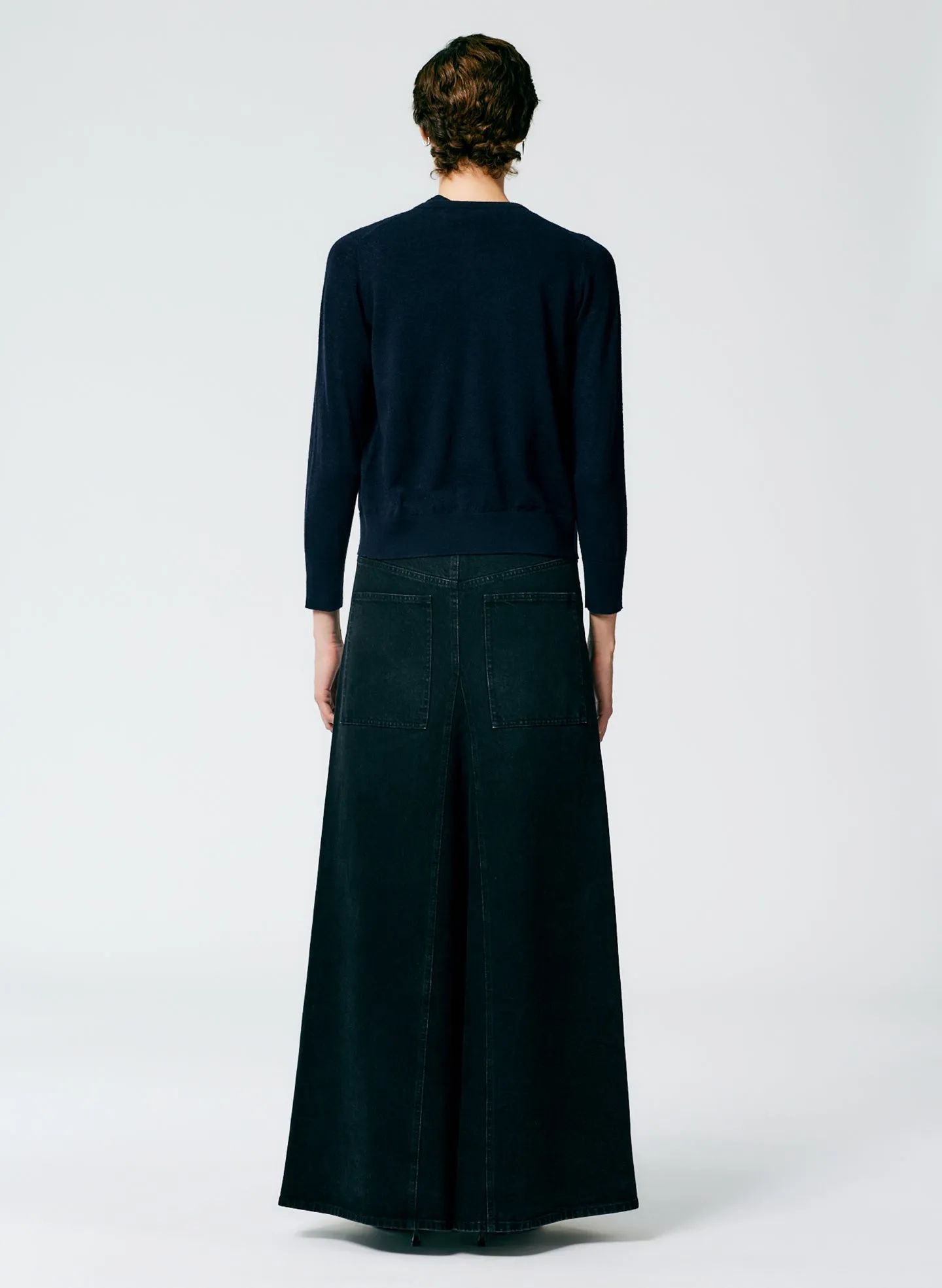 Black Denim Godet Maxi Skirt