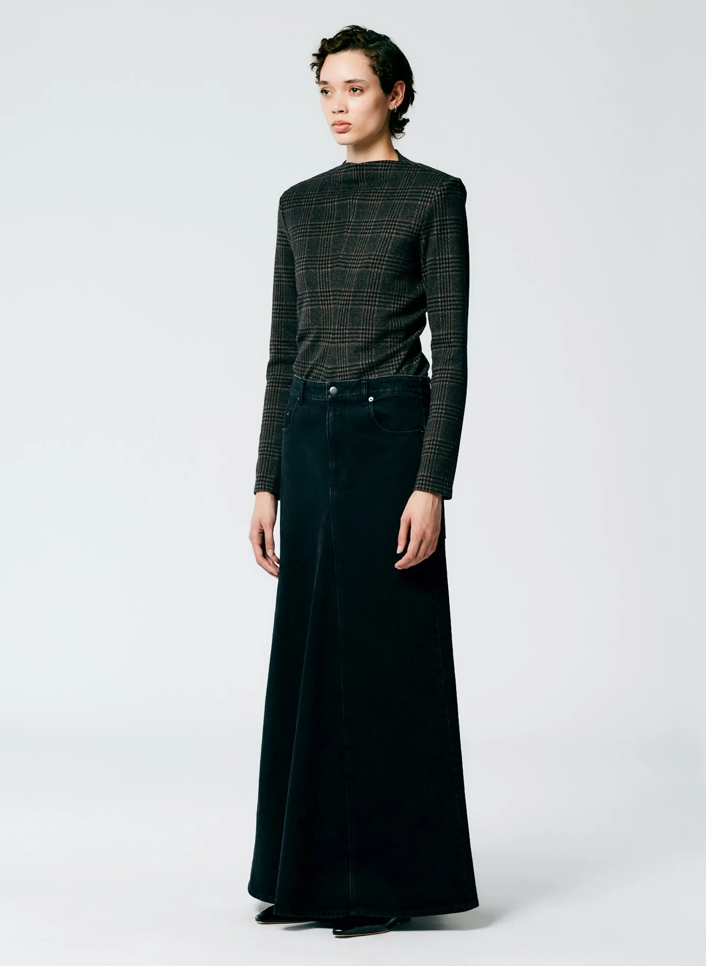 Black Denim Godet Maxi Skirt