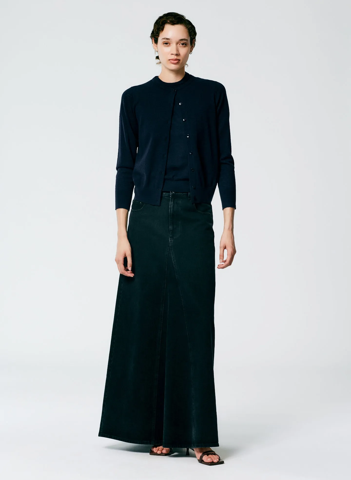 Black Denim Godet Maxi Skirt