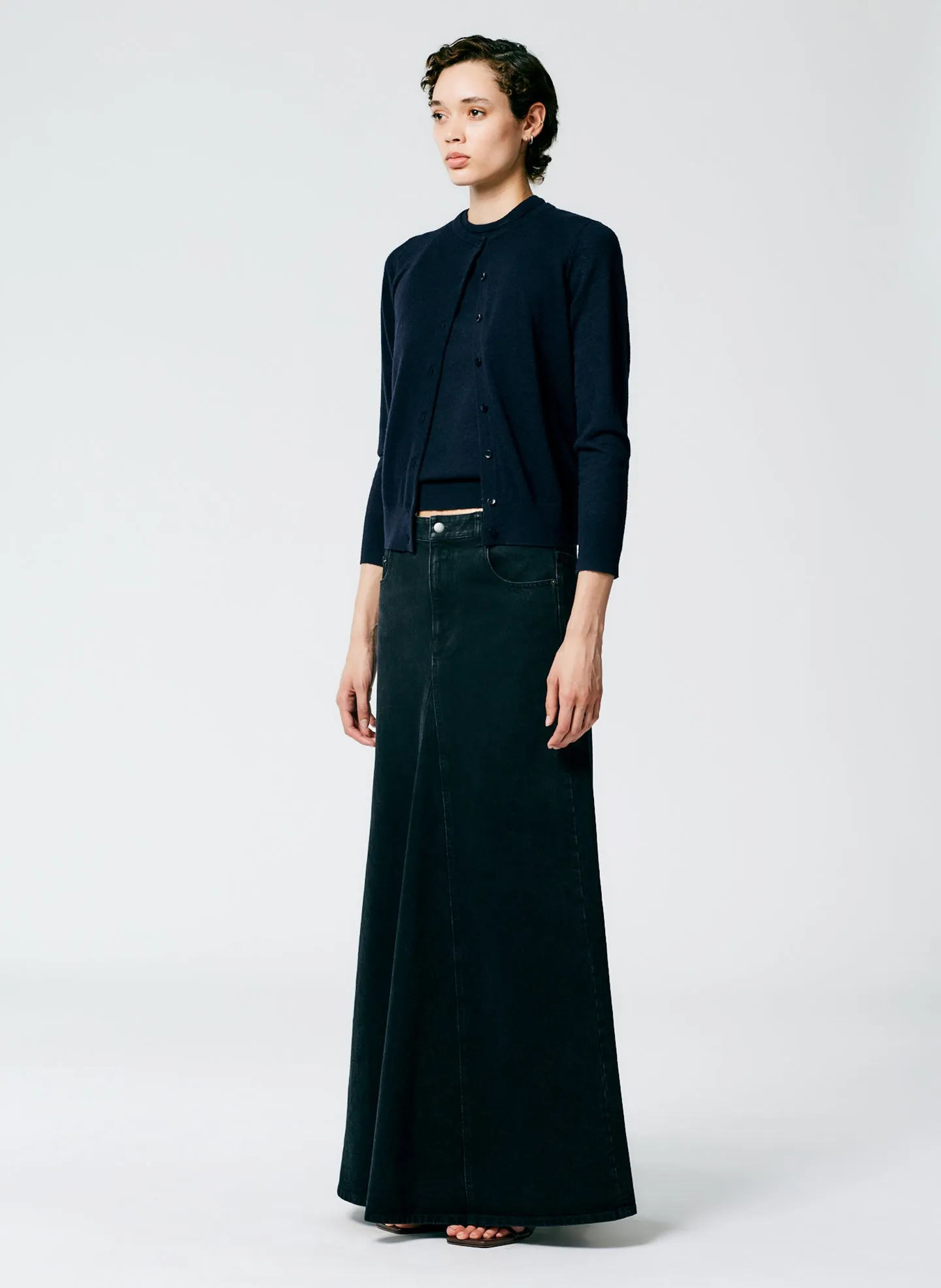 Black Denim Godet Maxi Skirt