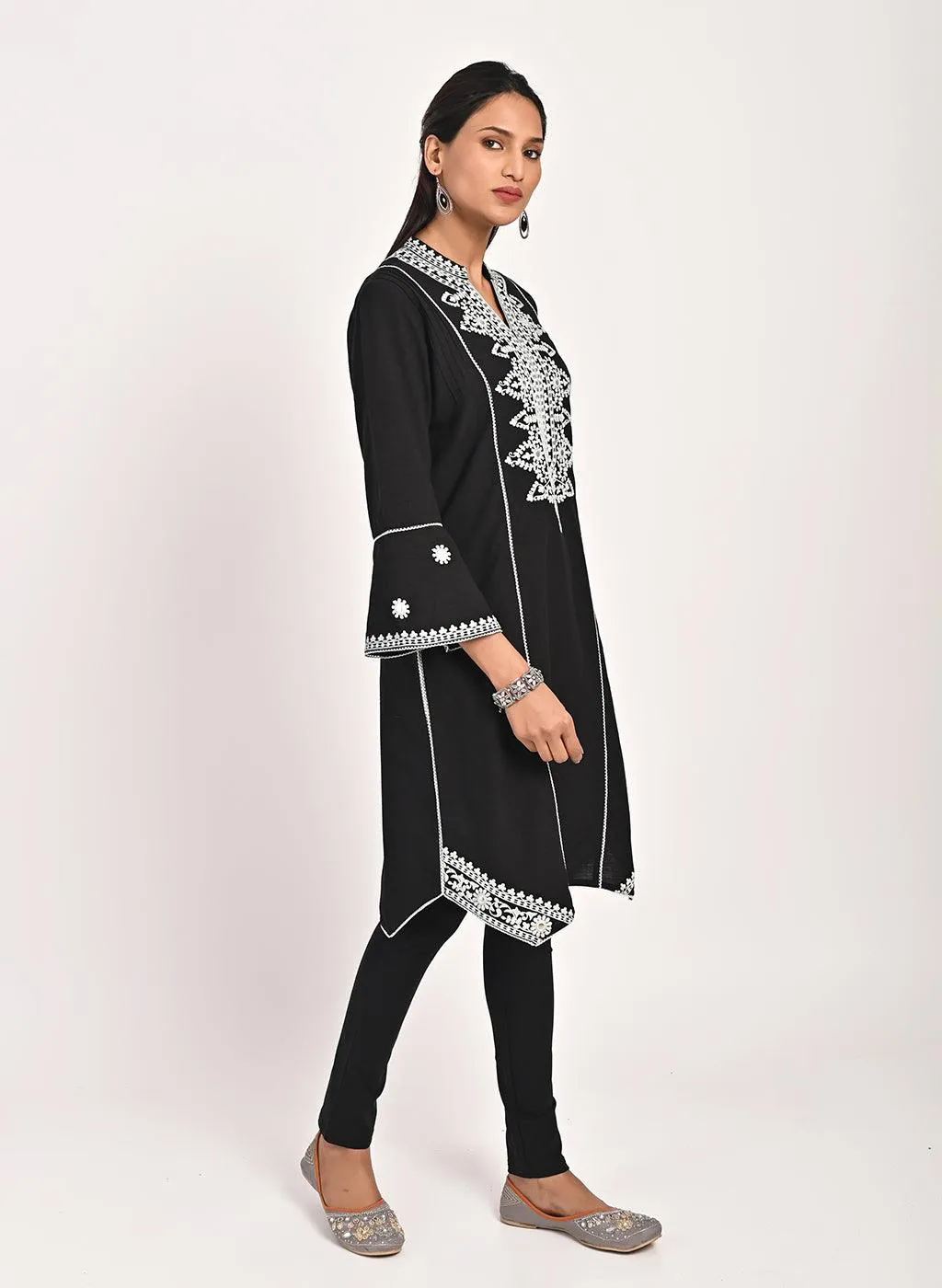 Black Mid-length Cotton Kurti for Women with Embroidery