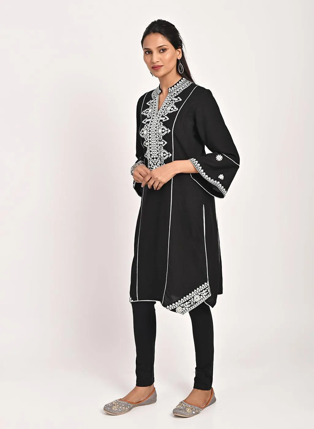 Black Mid-length Cotton Kurti for Women with Embroidery