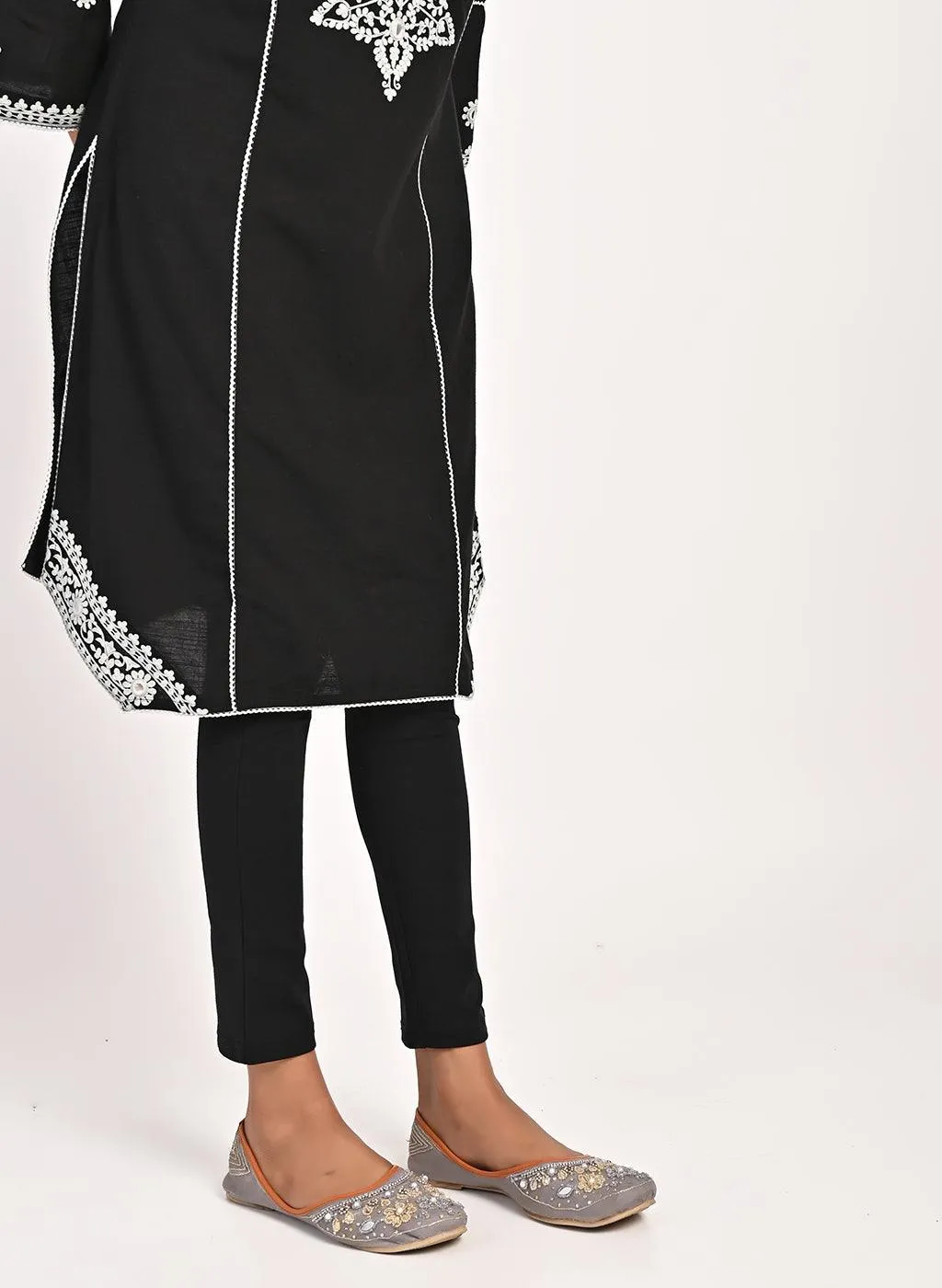 Black Mid-length Cotton Kurti for Women with Embroidery