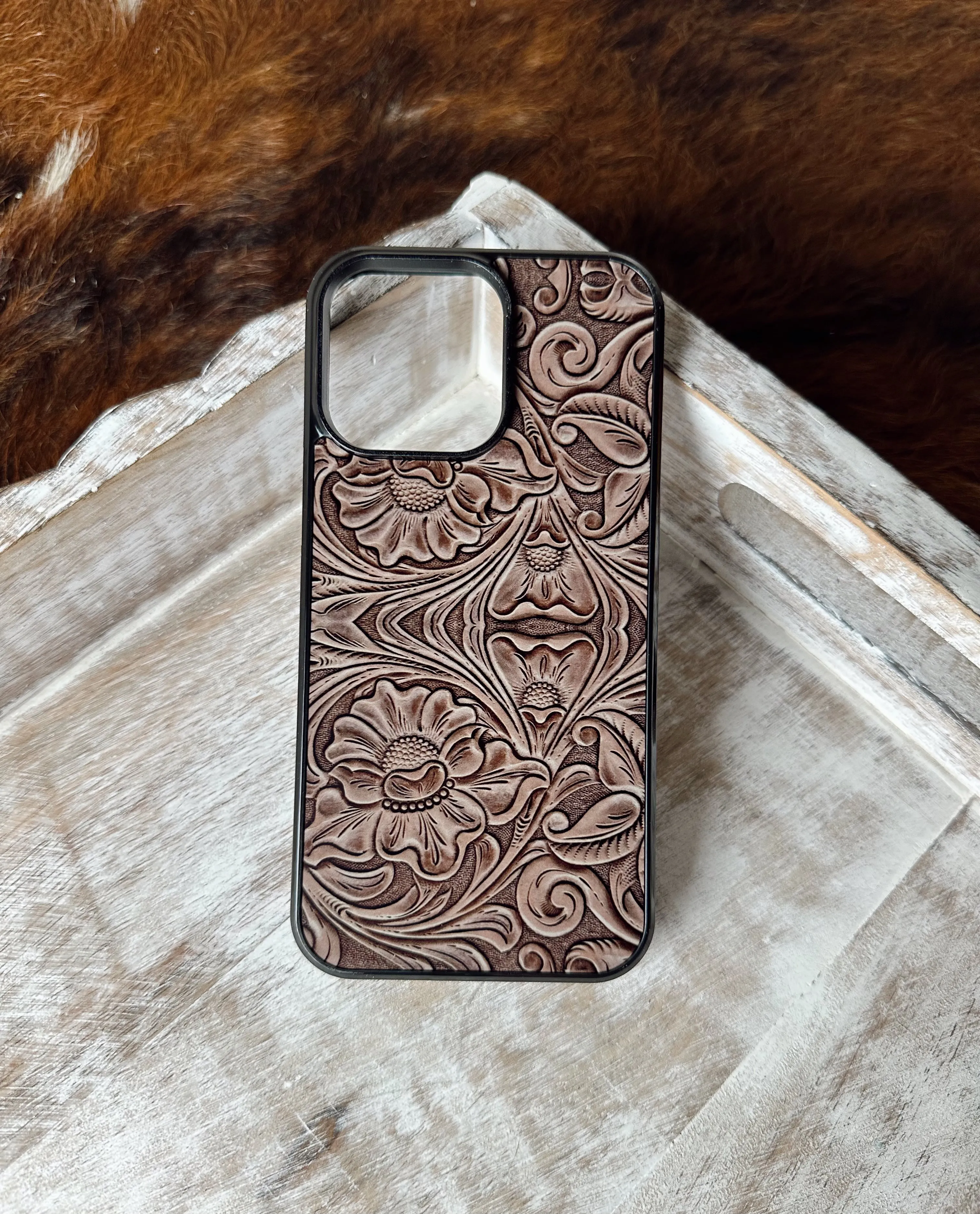 Brown tooled print country western phone case (NOT REAL LEAHER) for iPhone and Samsung