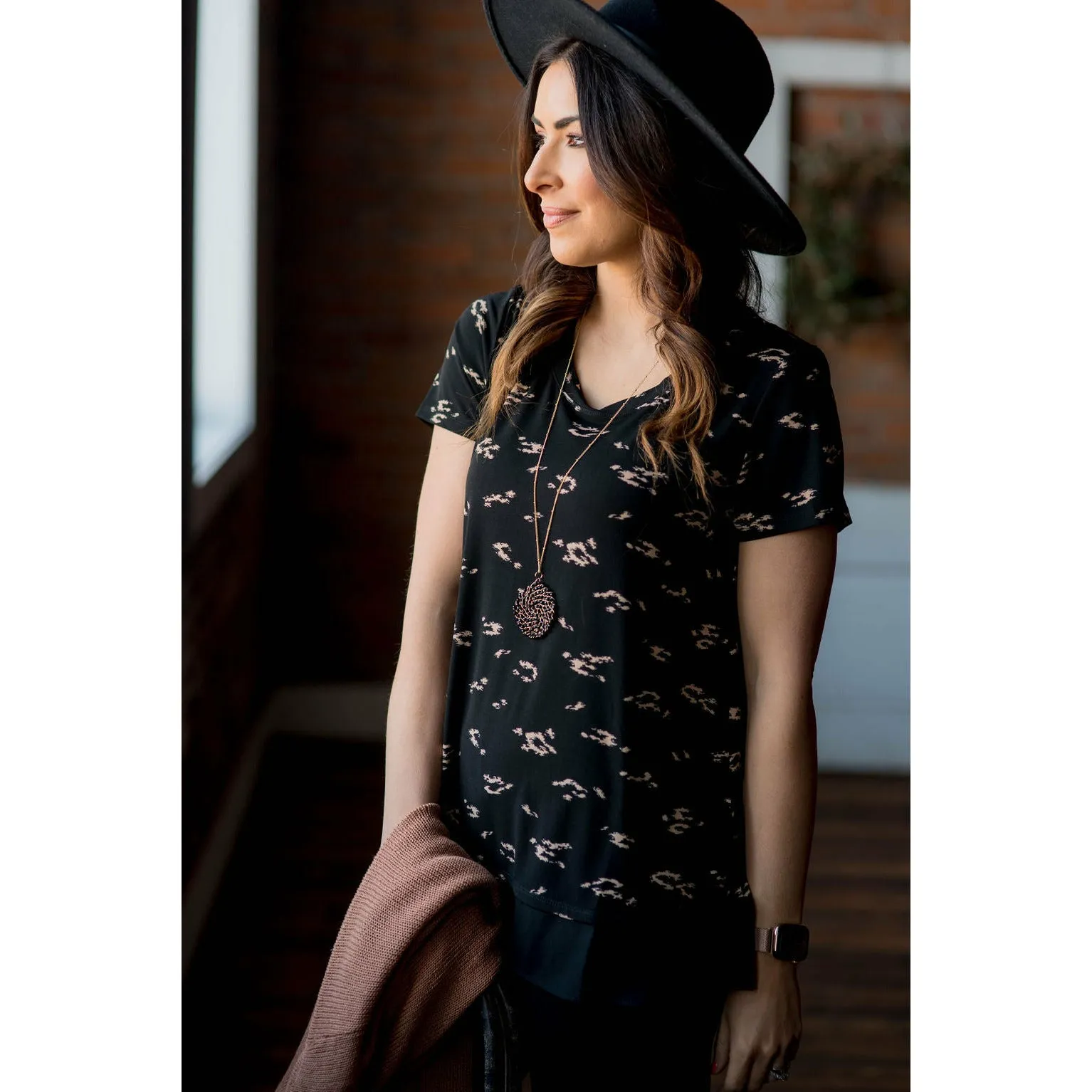 Brush Stroke Blouse Bottom Tee - Black