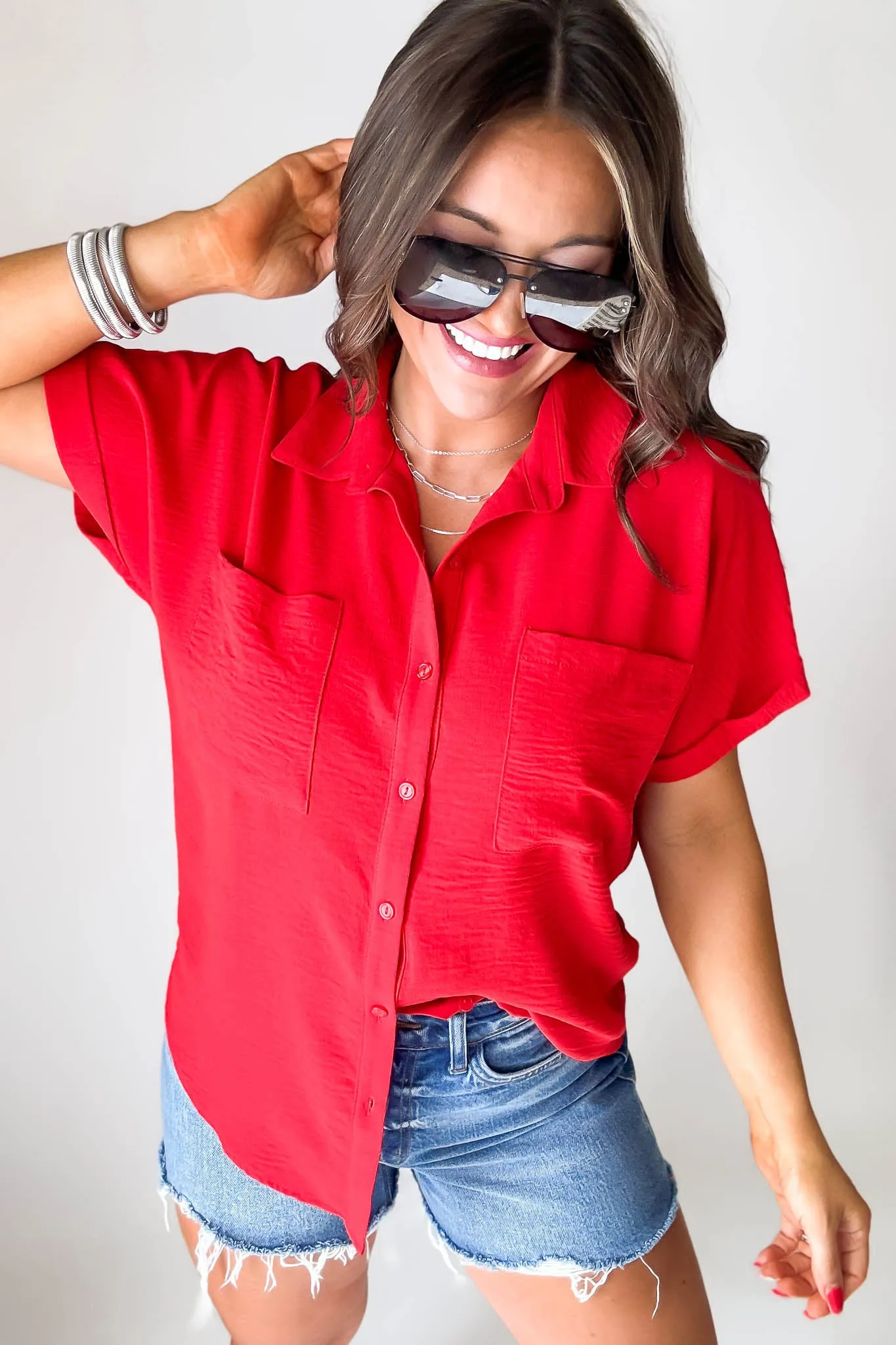 Button Down Double Pocket Red Collared Top