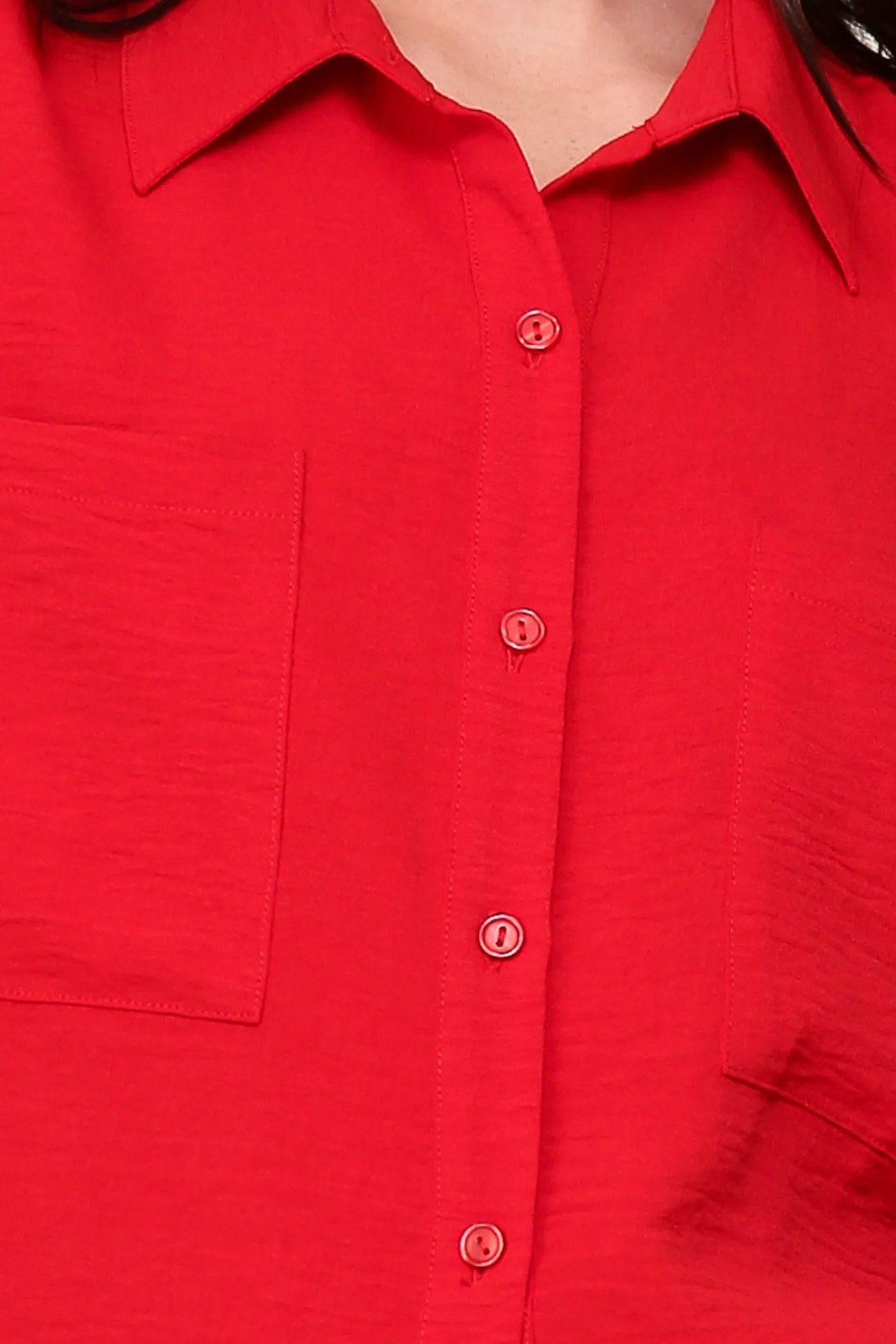 Button Down Double Pocket Red Collared Top