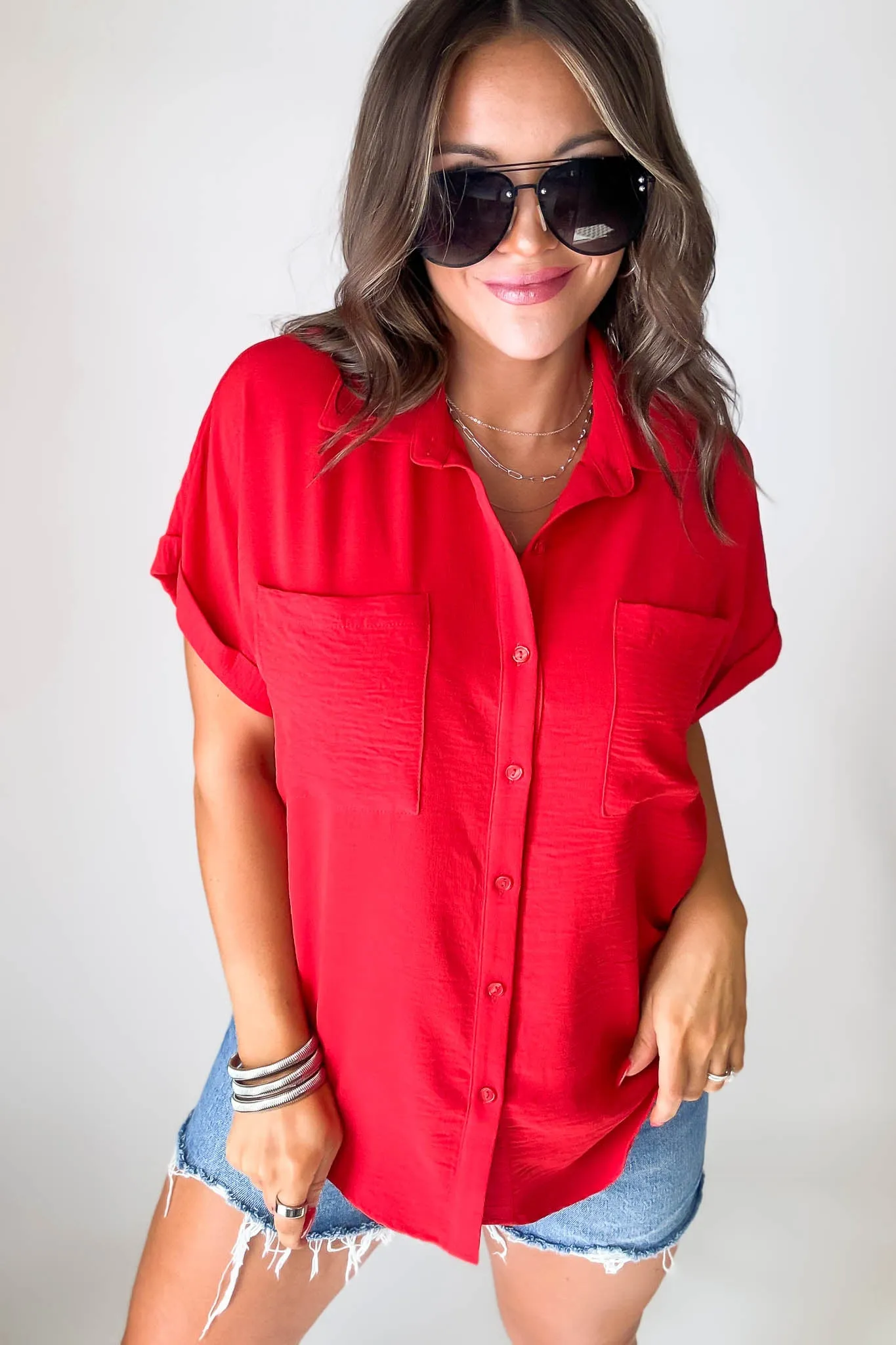 Button Down Double Pocket Red Collared Top