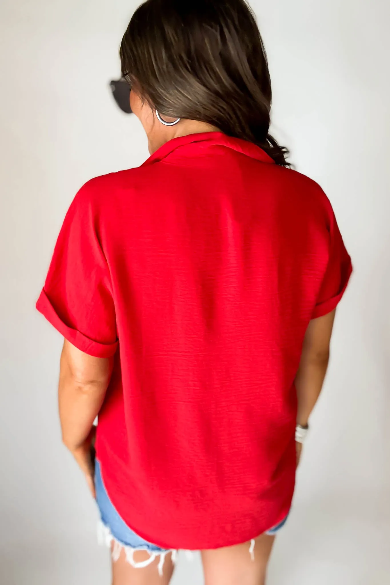 Button Down Double Pocket Red Collared Top