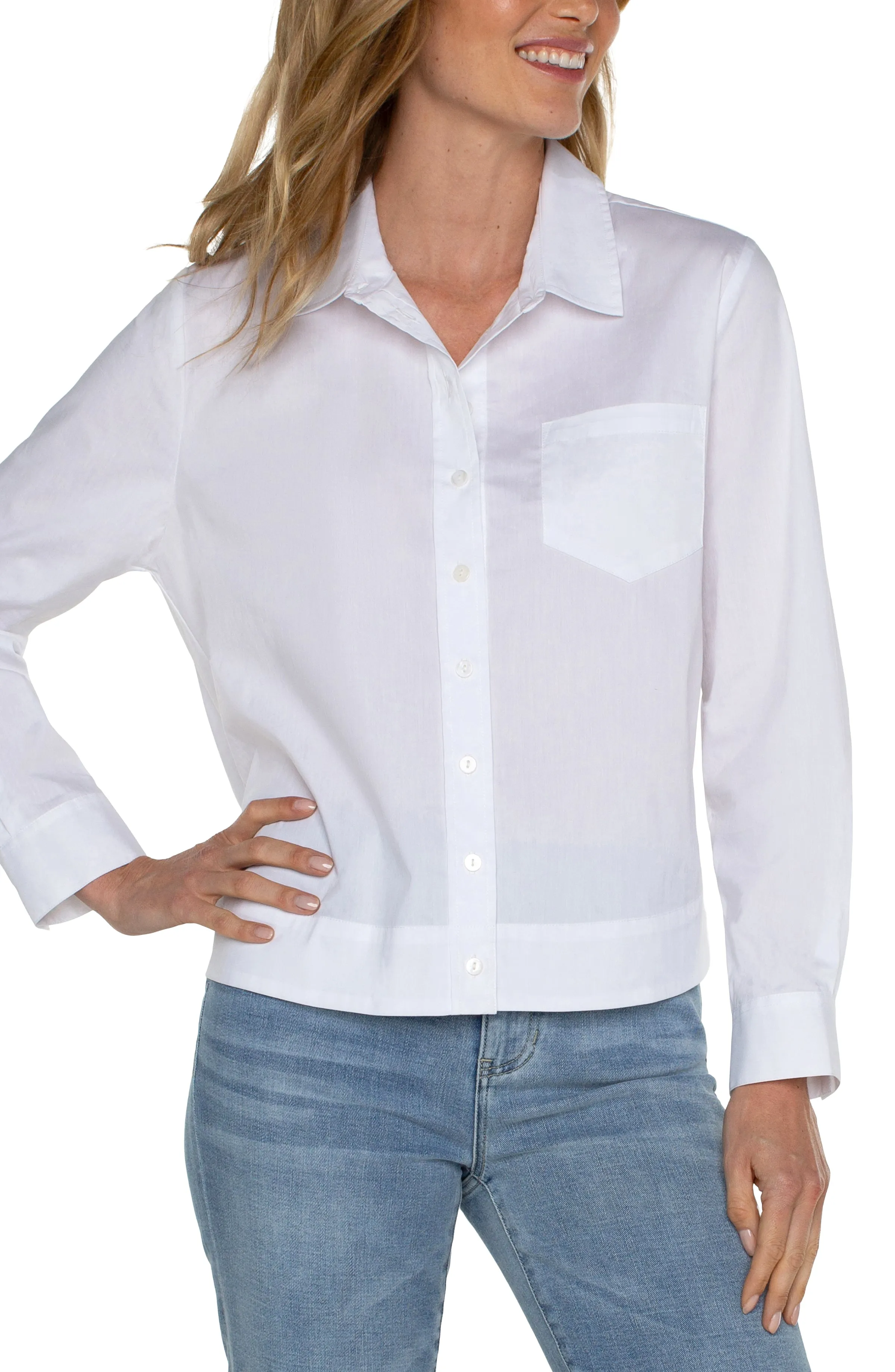 BUTTON FRONT SHIRT WITH ELASTIC BACK WAIST