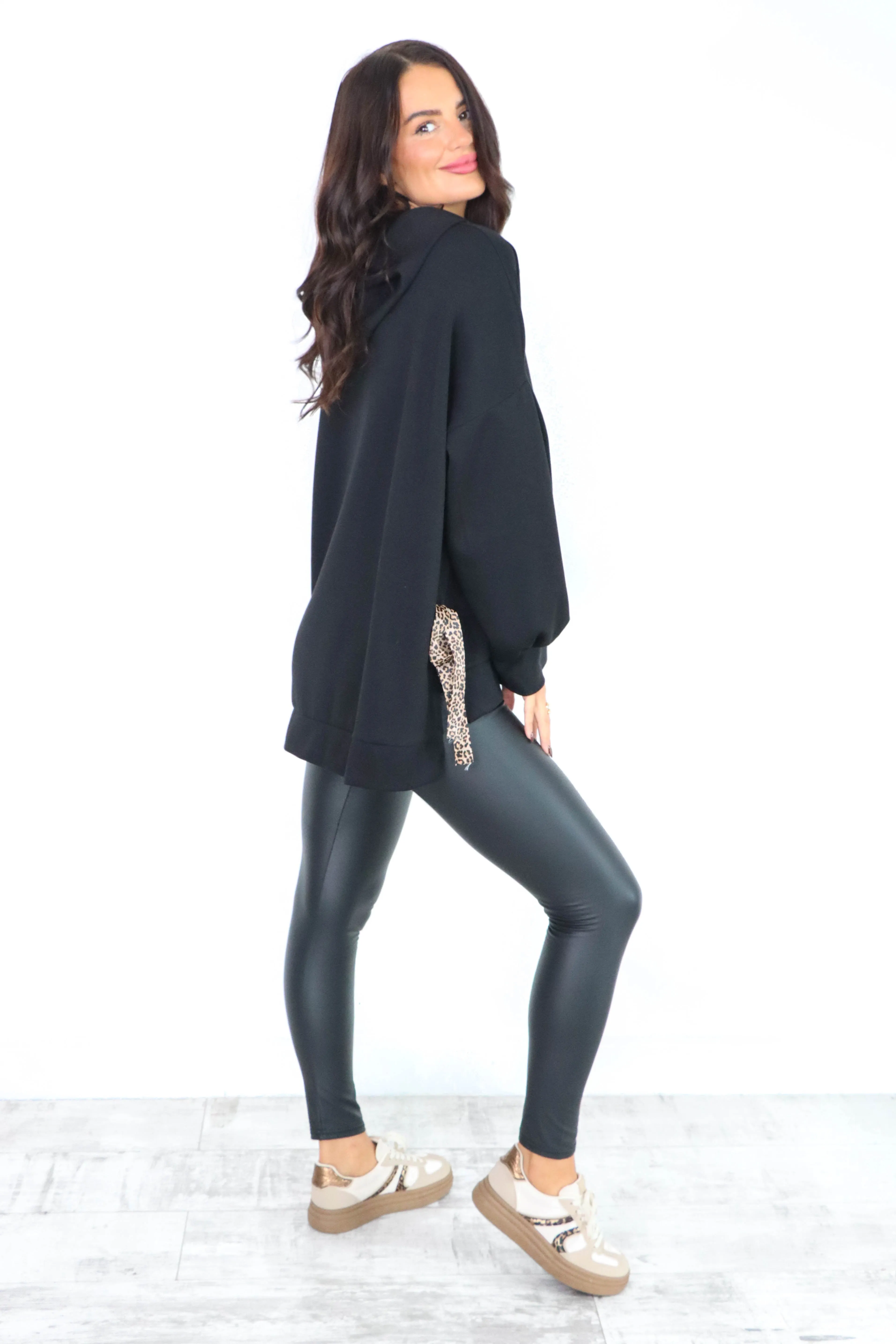 Can't Tie Her Down  - Black Leopard Tie Oversized Hoodie