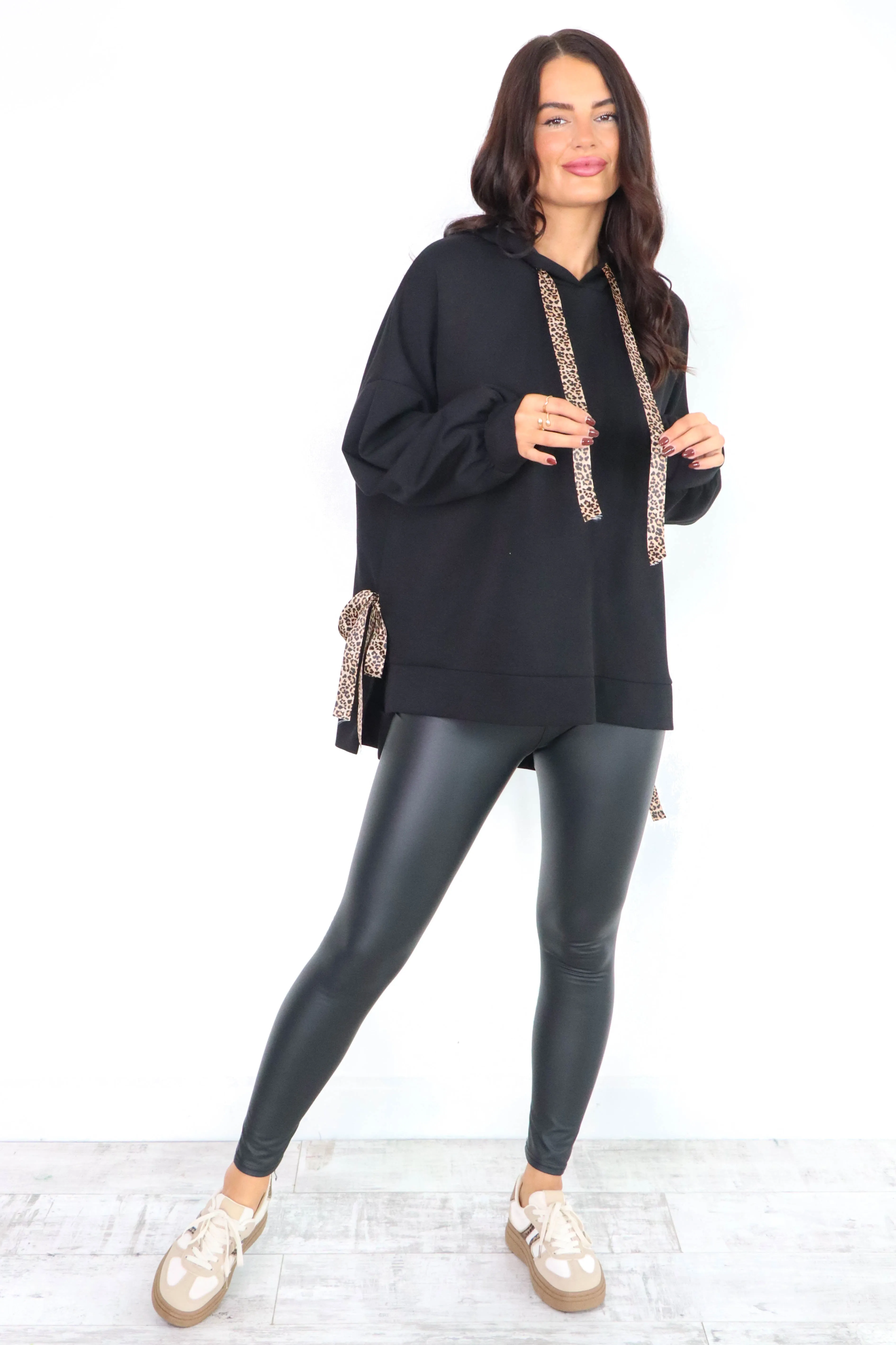 Can't Tie Her Down  - Black Leopard Tie Oversized Hoodie