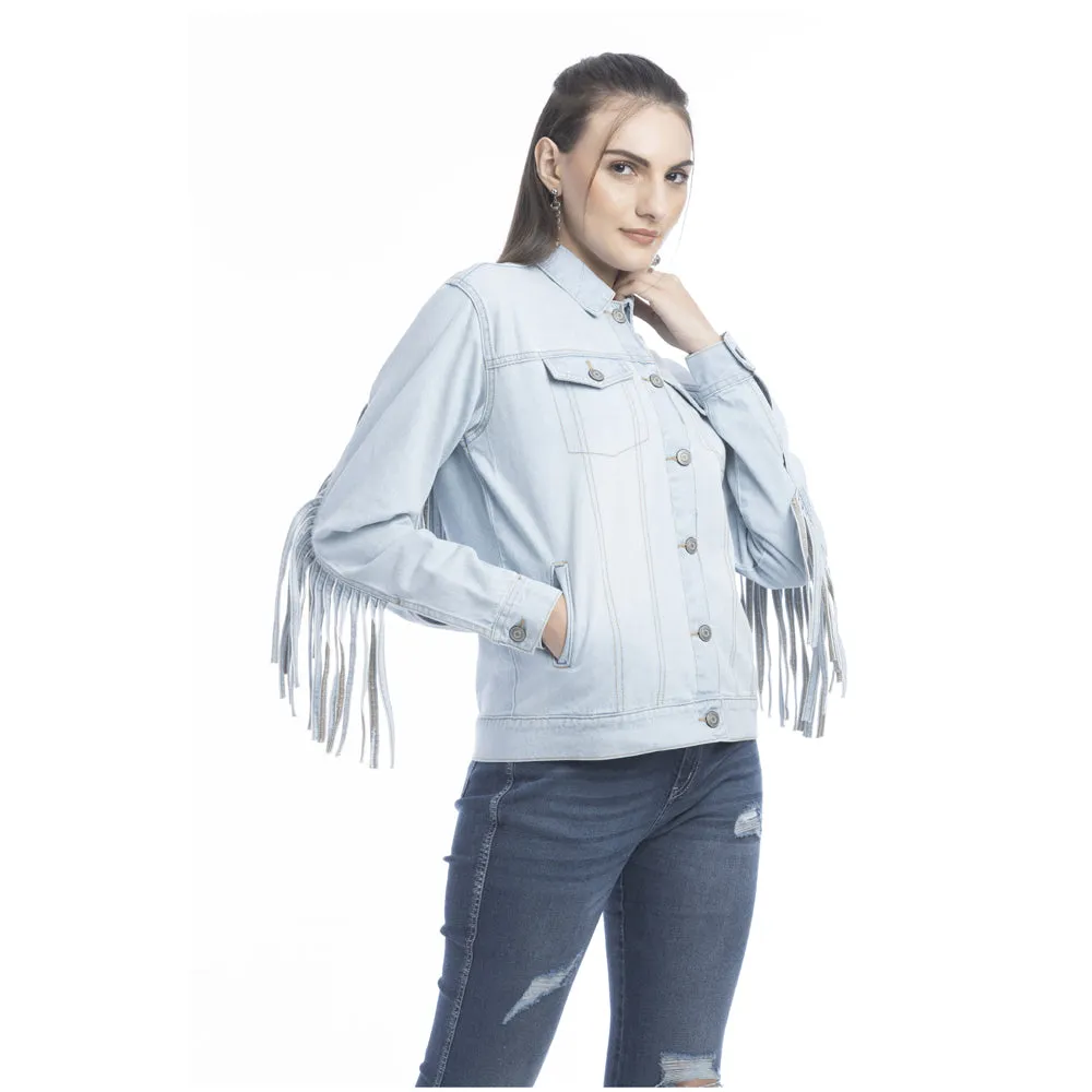 Cassie Fringed Light Wash Denim Jacket