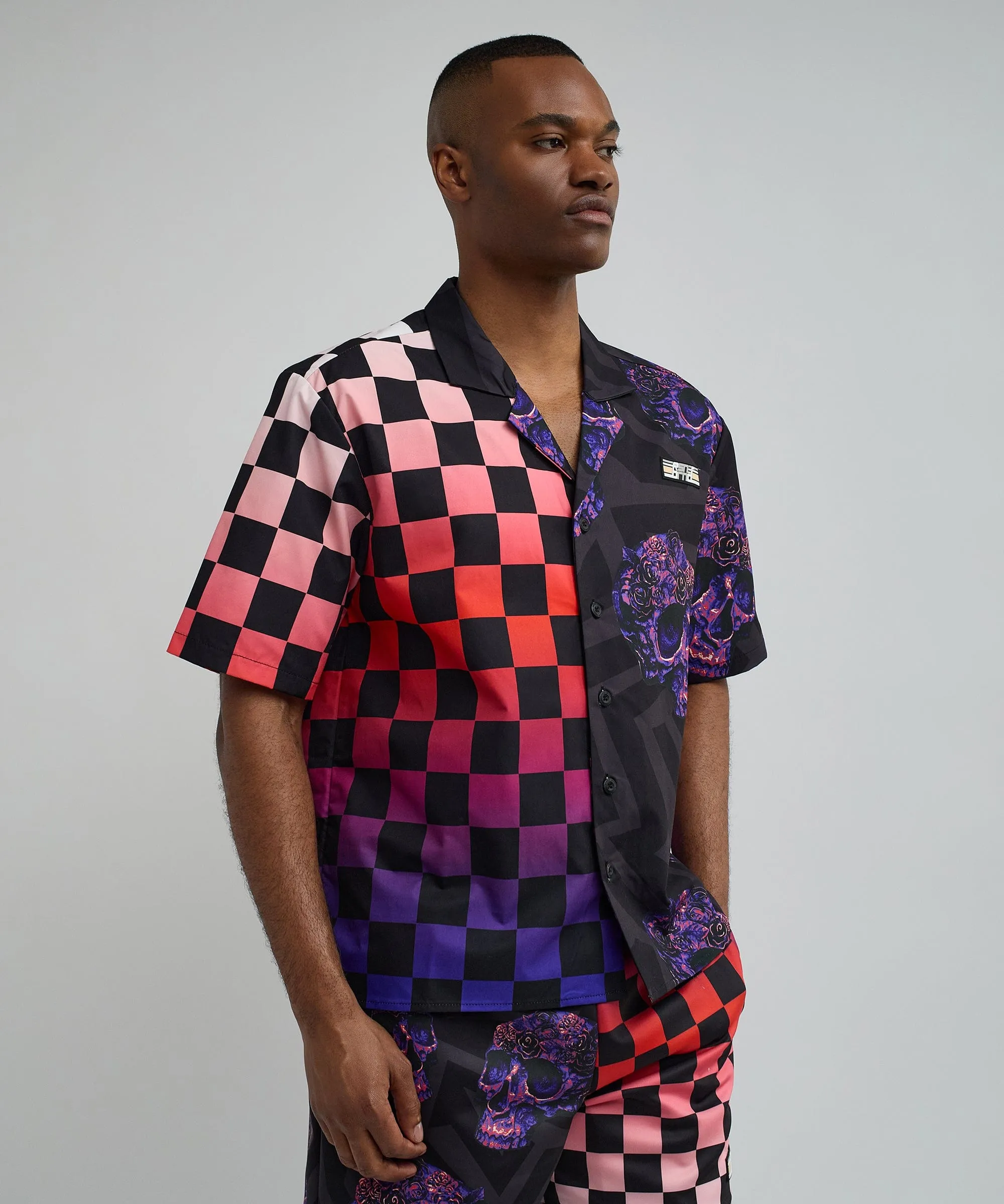 Checkers And Skulls Split Woven Short Sleeve Shirt