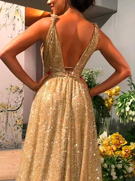 Chic A-line Gold Sparkly V neck Long Prom Dress Evening Dress