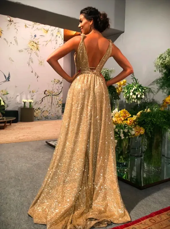 Chic A-line Gold Sparkly V neck Long Prom Dress Evening Dress